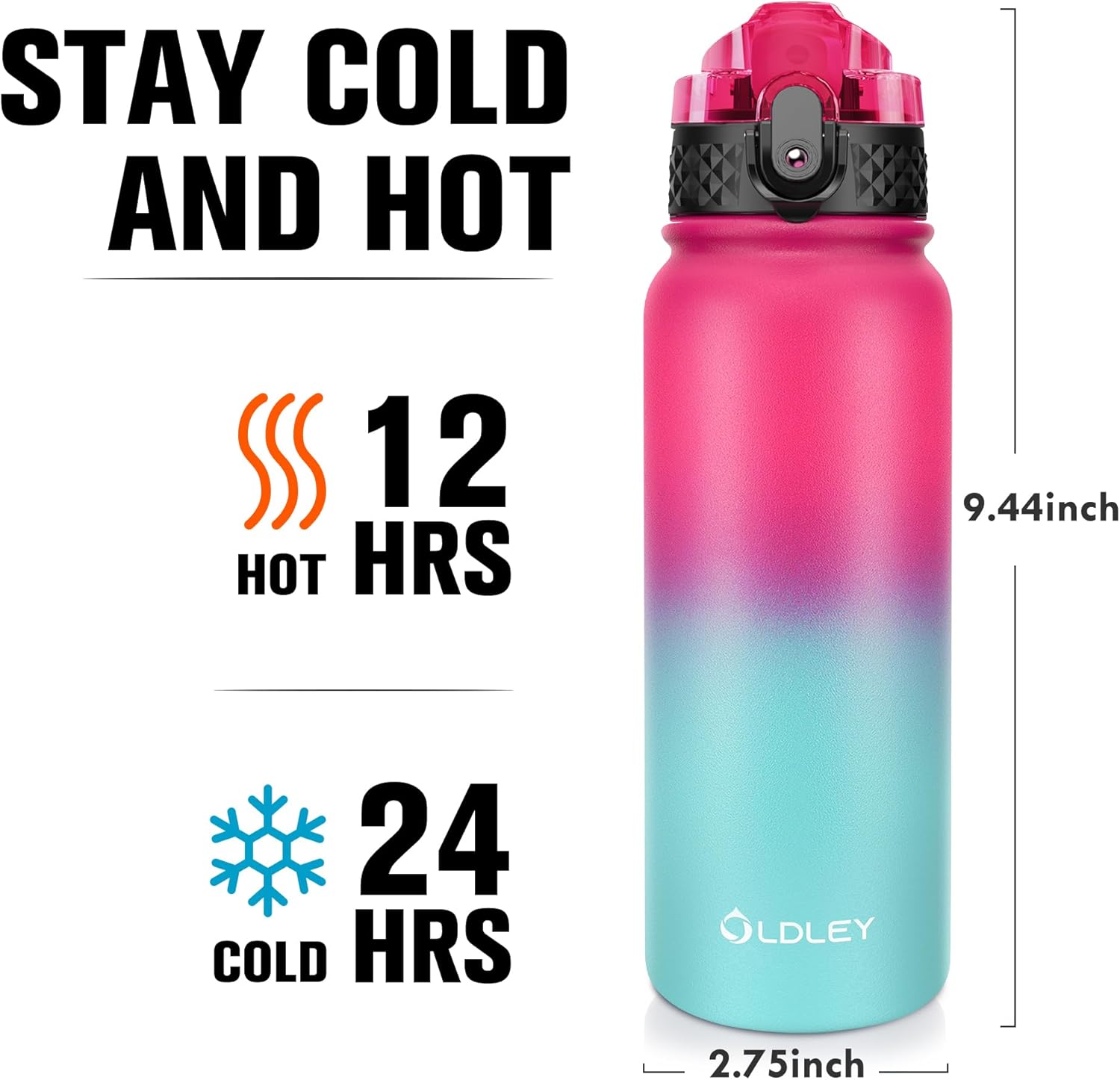 Oldley Insulated Water Bottle 20oz Water Bottles with Straw, Stainless Steel Water Bottle with 3 Lids, Double Wall Vacuum Bottels for Adults School Kids,Leak-Proof Sport Bottles, Rose Red-Green - Image 3