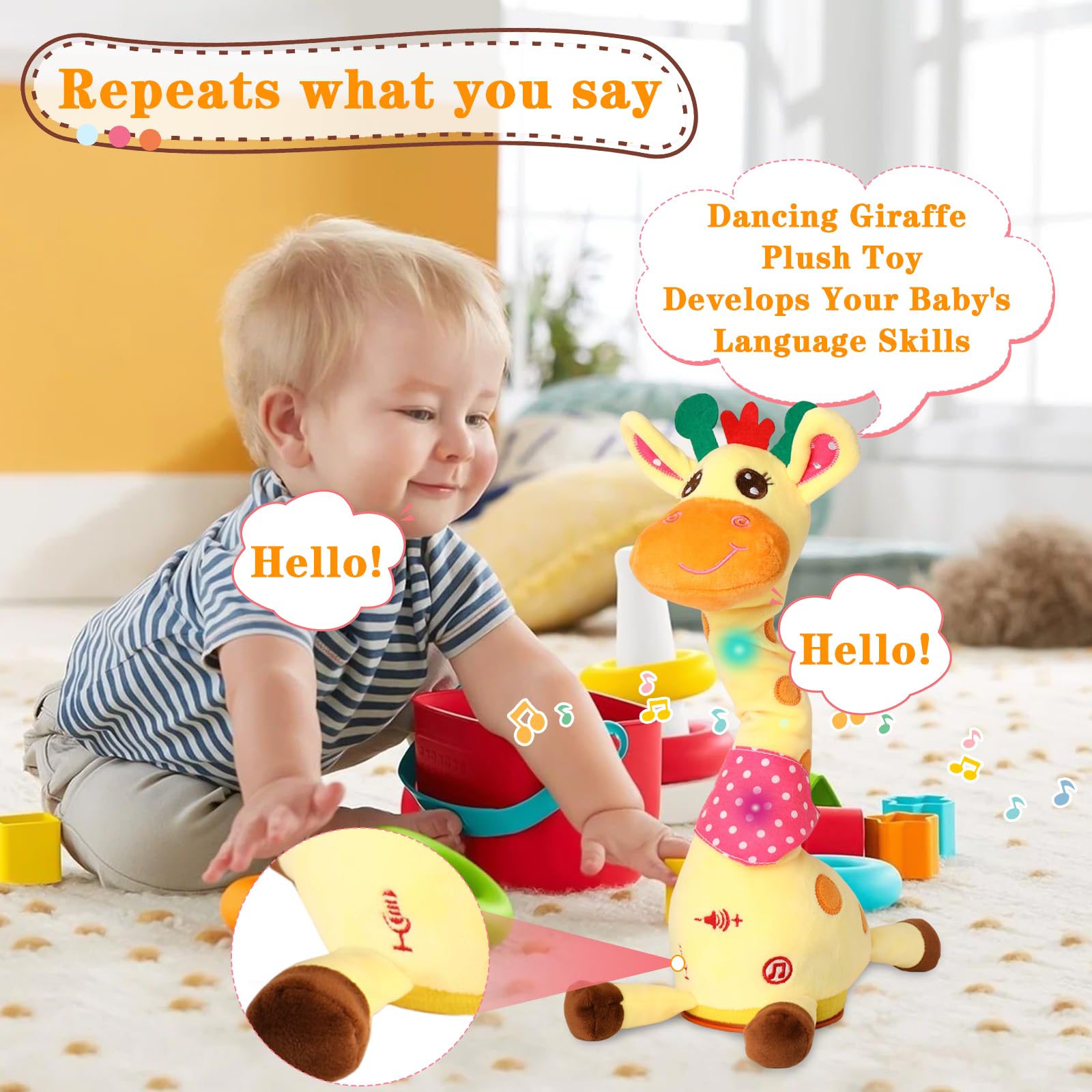 Dancing Talking Giraffe Toy, Stuffed Animal Baby Toy Repeating What You Say, Glowing Musical Giraffe with 10 Children's Songs Gifts for Toddlers 1-3 Years Old