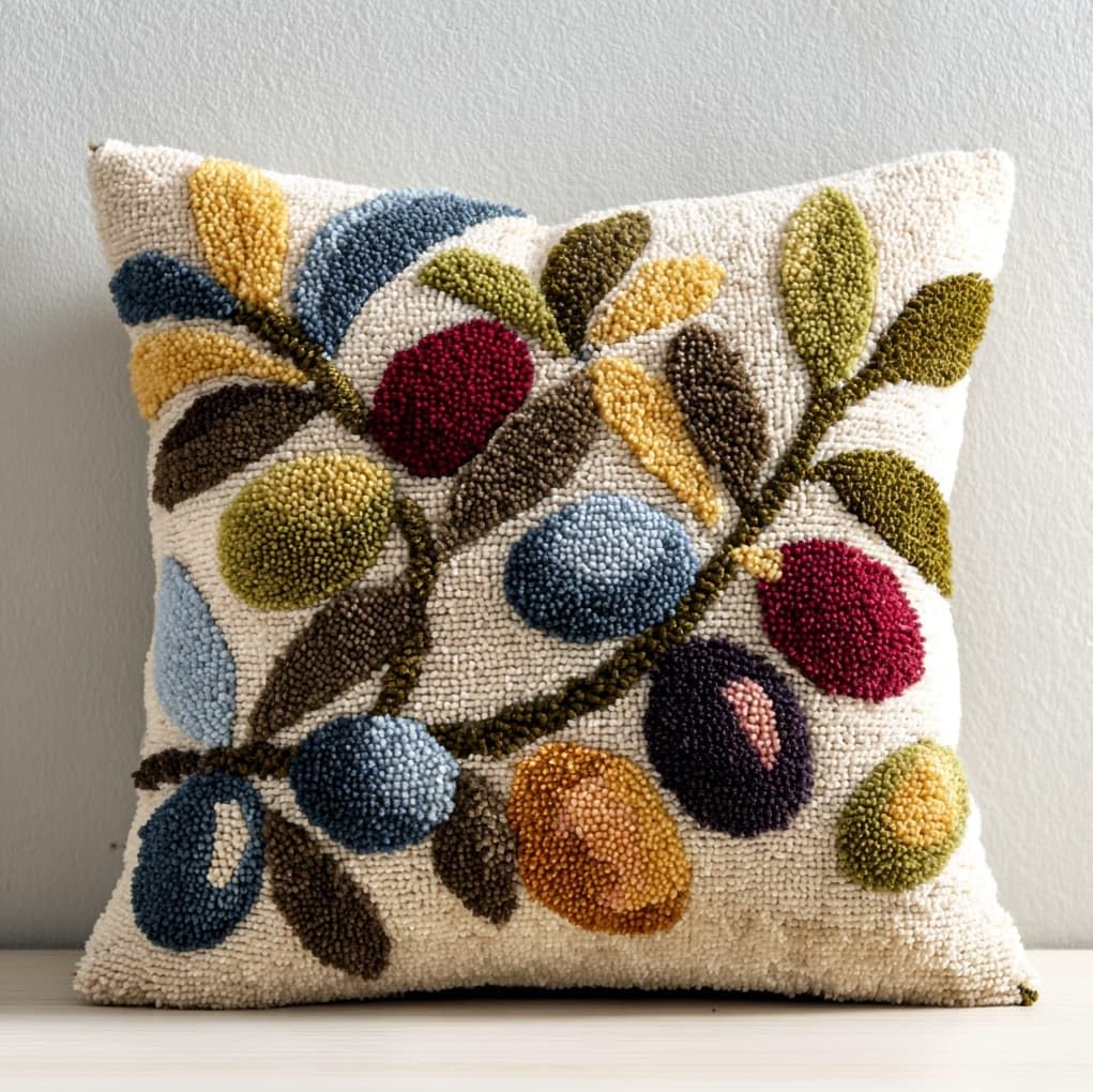 WallustrioaW Latch Hook Cushion kit,Olive Branches and Fruits,DIY Rug Cushion kit - Latch Hook Pillow for Beginners - Christmas Craft Activity,17x17in