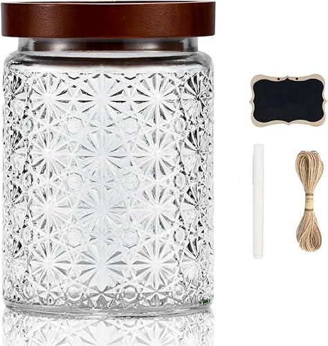 FyndraX Recipiente de almacenamiento de vidrio con tapa de madera, recipiente decorativo de estrellas de 24 onzas con etiqueta para galletas,