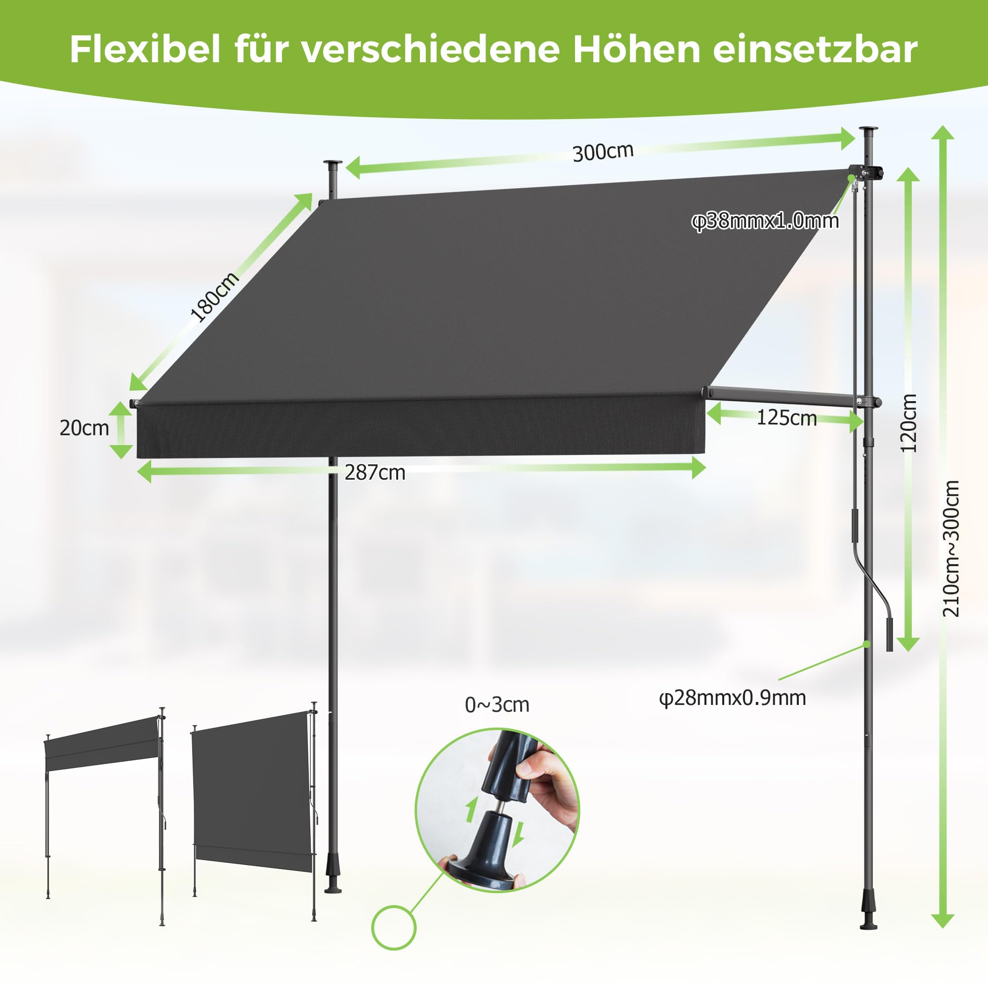 BelleMax Klemmmarkise ohne Bohren mit Handkurbel, 2026 Upgrade 2-in-1-Balkonmarkise UV-beständig höhenverstellbar & wasserabweisend, Sonnenschutz für Balkon Terrasse & Garten Anthrazit 300 cm x 125 cm