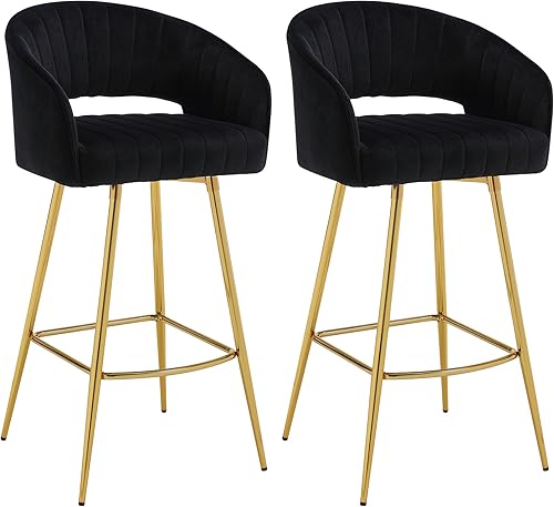 Westice Juego de 2 taburetes de bar, de terciopelo de 30 pulgadas de altura de asiento con respaldo y patas doradas, taburetes tapizados de altura