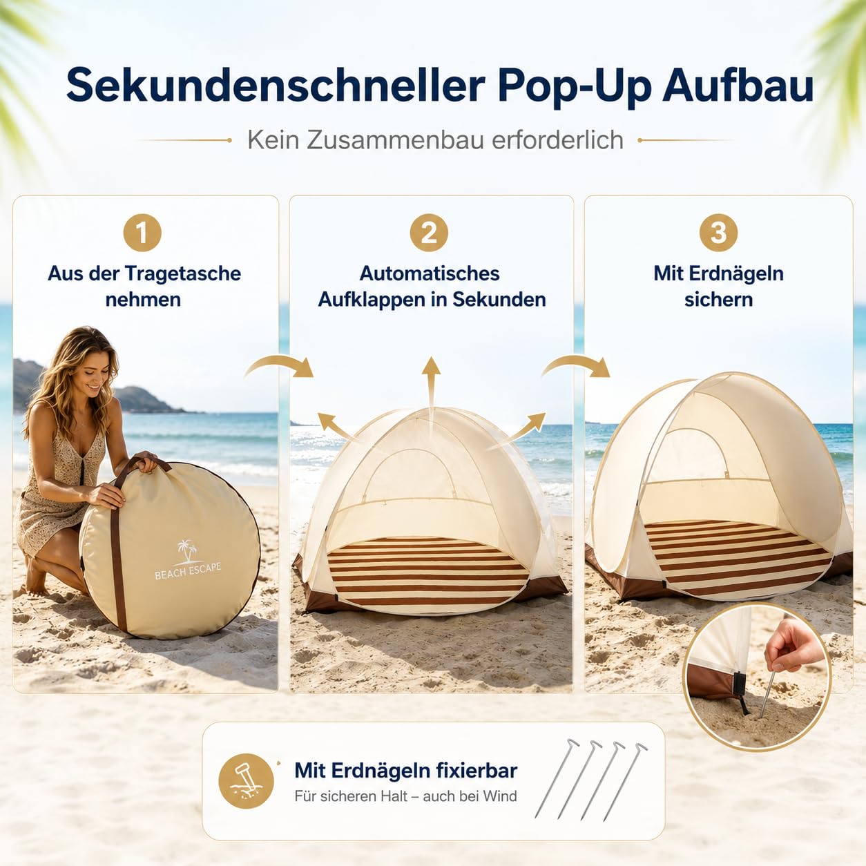 Pop-up Strandmuschel UV Schutz 50, 2-3 Personen Groß Strandzelt 1kg-Leicht & Tragbar, Wasserdicht Sonnenbeständig Atmungsaktiv,120x100cm, für Wanderausflug Strand Camping (Braun_185X85cm)