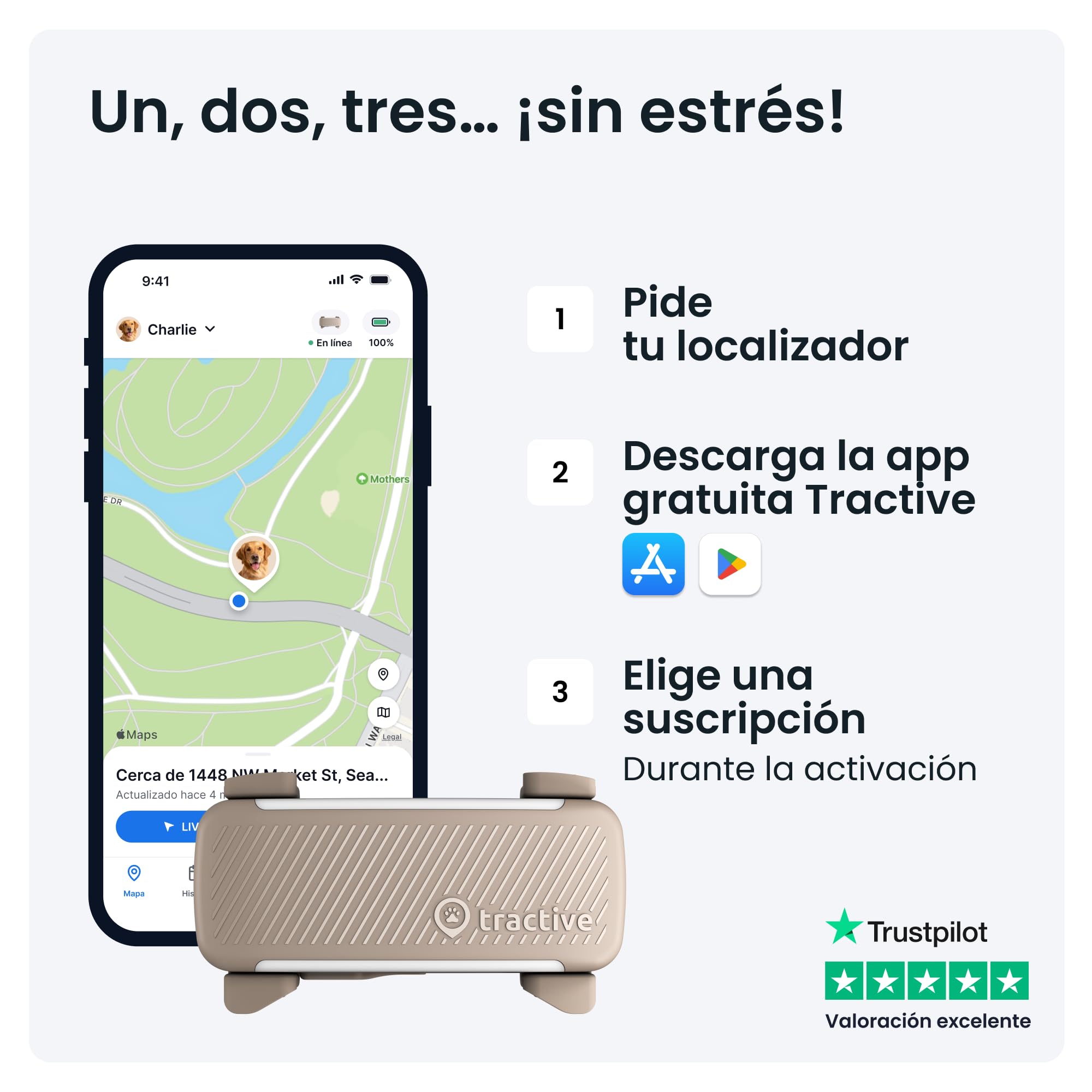 Tractive - GPS perros | 2025 Edición | N.º 1 del mercado | Localización en tiempo real | Alertas antifuga | Monitor de actividad | Avisos de salud | Seguimiento de ladridos (Marrón)