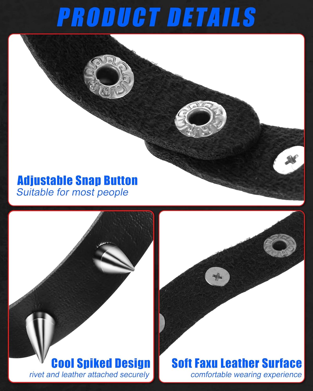 Hicarer 9 Pieces Spiked Studded Bracelet Black Leather Rivet Punk Bracelet Cuff Wrap Bangle Snap Button Metal Wristband for Men Women - Image 7