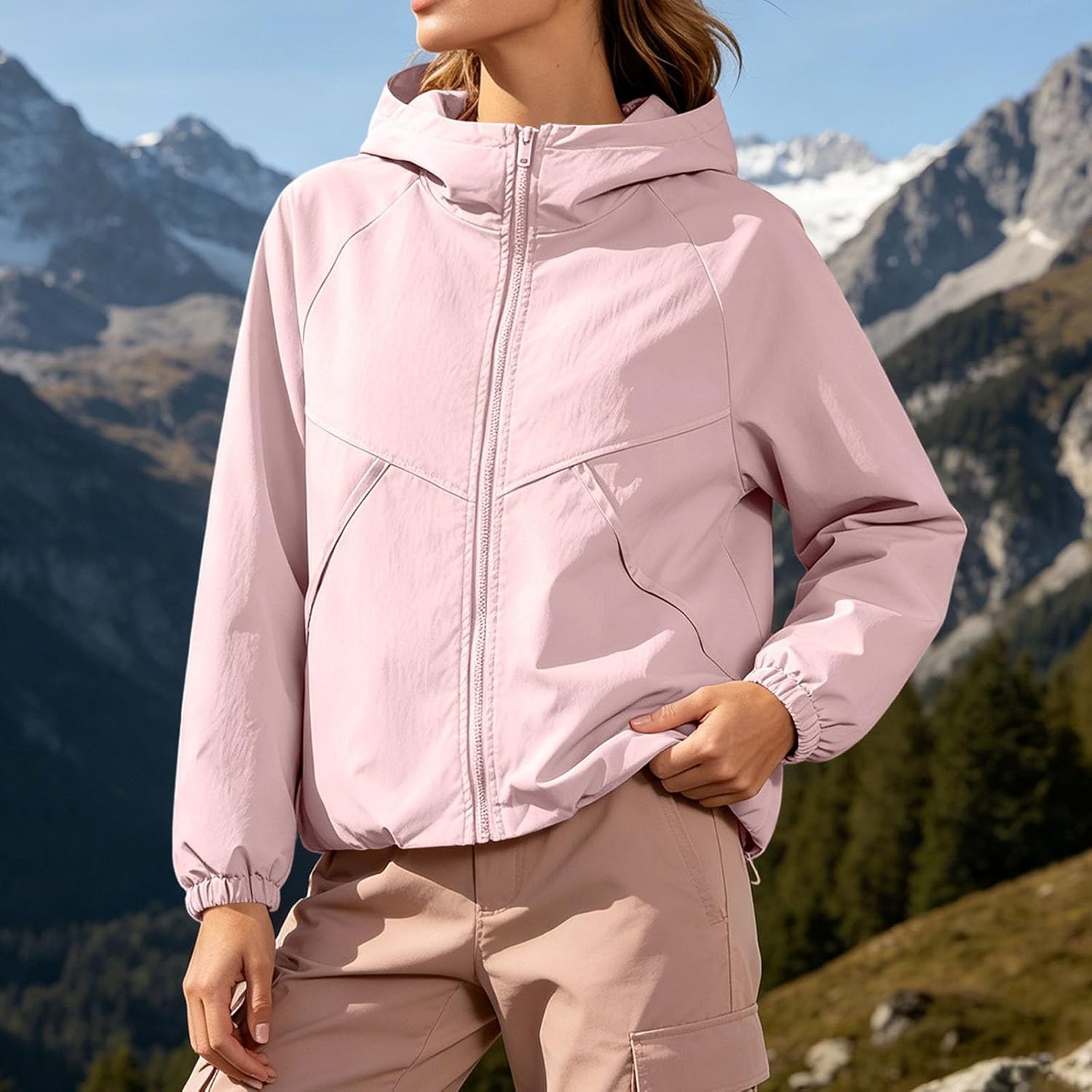 Womens Full Zip Sun Protection Jacket Windbreaker Elastic Cuff Hooded Top Lightweight Outdoor Trip Running Jackets