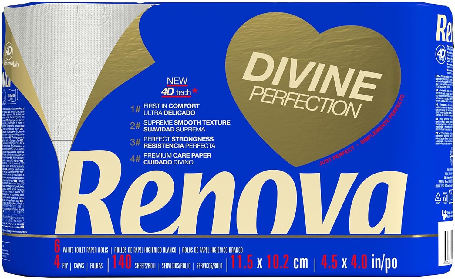 Renova Renova Divine Perfection Toilet Paper, 42 Rolls Premium 4 Ply Ultra Soft, More Strength, Thickness, Softness and Absorbency, FSC Certified Paper 4400g