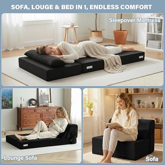 Folding Sofa Bed with Pillow, Single Size 4-in-1 Floor Couch Sleeper Chair for Adult, Fold Out Guest Mattress Chair Bed, Boneless Couch for Living Room, Dorm, Home Office, Black