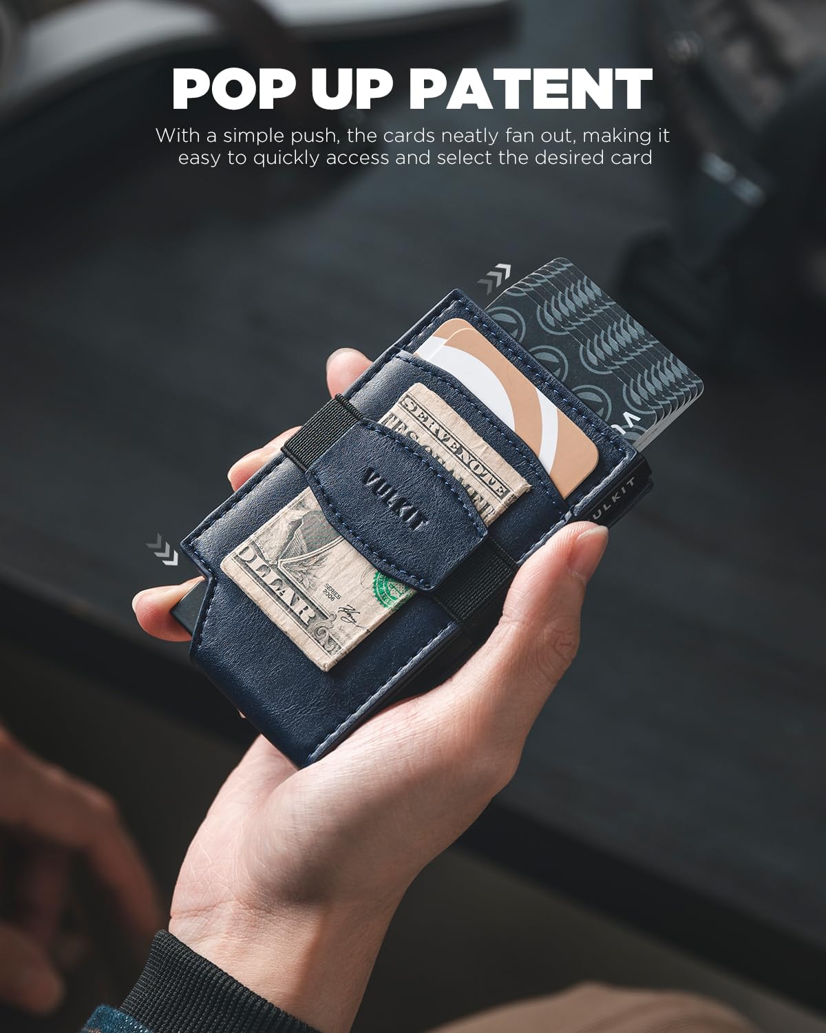 VULKIT Pop up Card Wallet with Money Strap Leather Front Pocket Card Holder with ID Window RFID Blocking Business Card Case for Men (Navy)