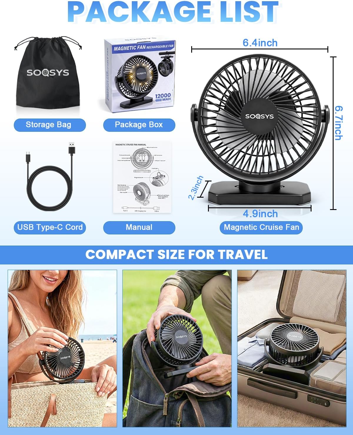 Cruise Approved Magnetic Fan with 12000mAh Rechargeable Battery, Cruise Fan with 3 Speeds, Timer, Led Lights, Power Output & Bottom Hook, Portable Fans for Camping Travel Cruise Essentials - Image 8