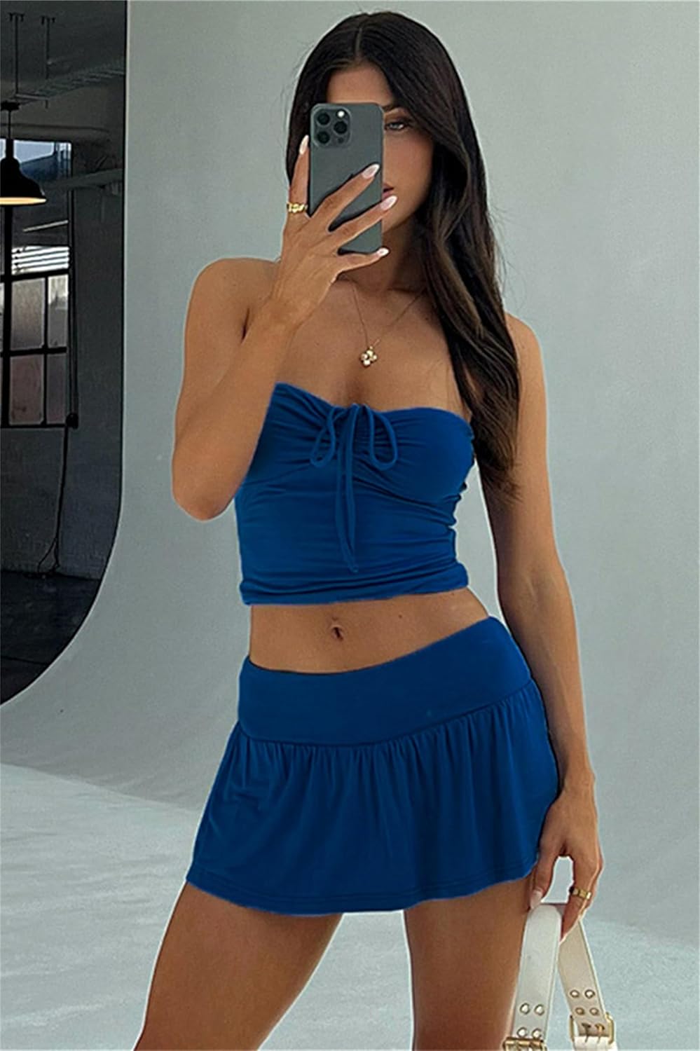 Women Sexy Summer 2 Piece Sets Drawstring Ruched Crop Tube Top Low Rise Ruffle Mini Skirts Sets Y2k Outfits - Image 3