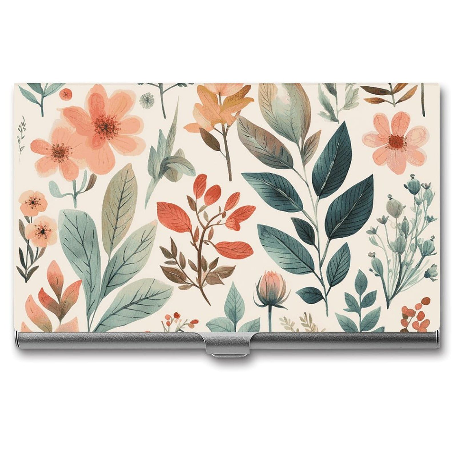 BTCOWZRV Watercolor Flowers Business Card Holder Metal Slim Business Card Case, Pocket Card Holder for Men Women Purse Name Card Holder Stainless Steel Wallet Credit ID Case for Office