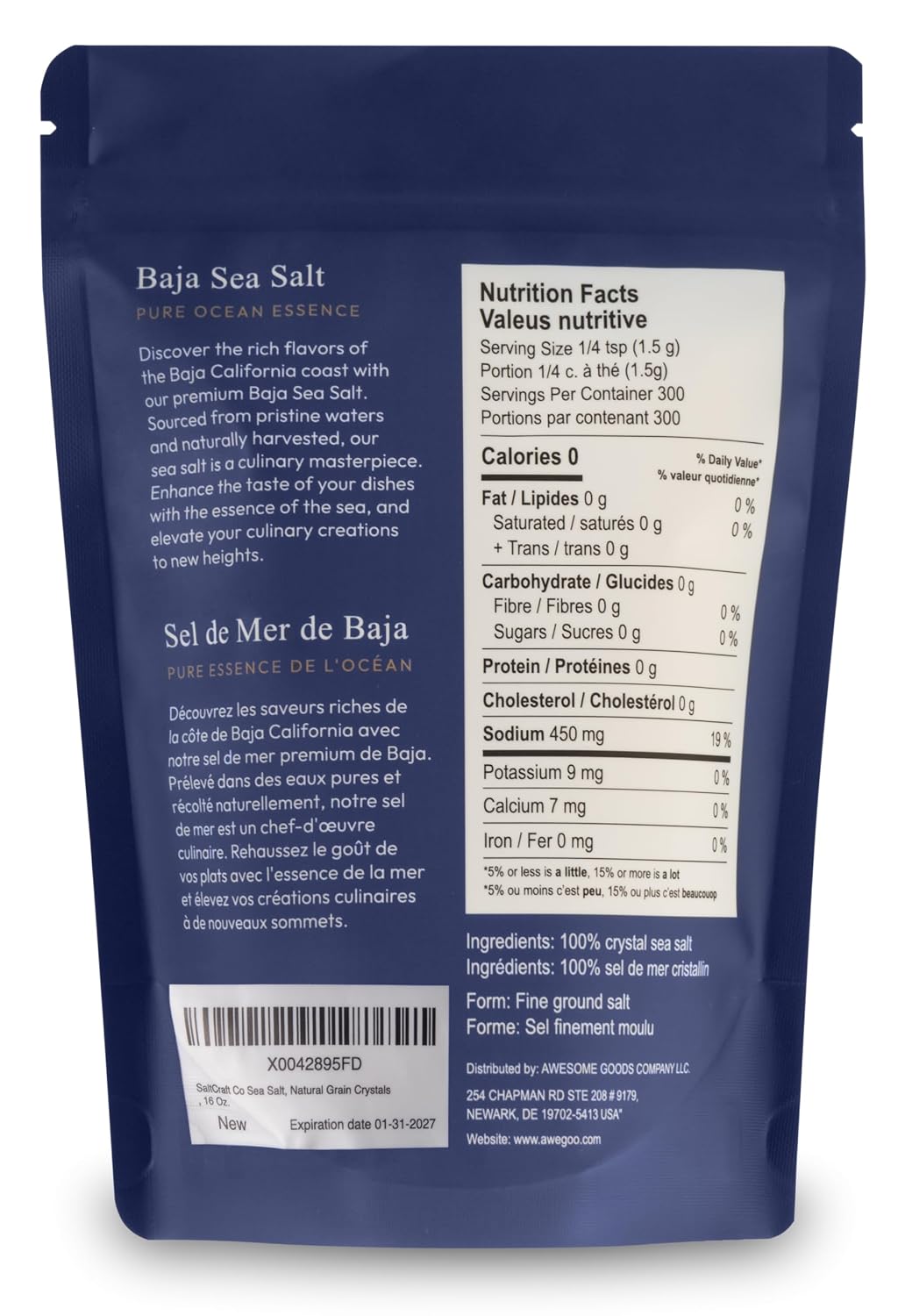 SALTCRAFT Baja Sea Salt – Hand-Harvested, Natural Grain Crystals, 30% Low Sodium, Kosher, Mineral-Rich, No Additives – 16 oz Bag image 2