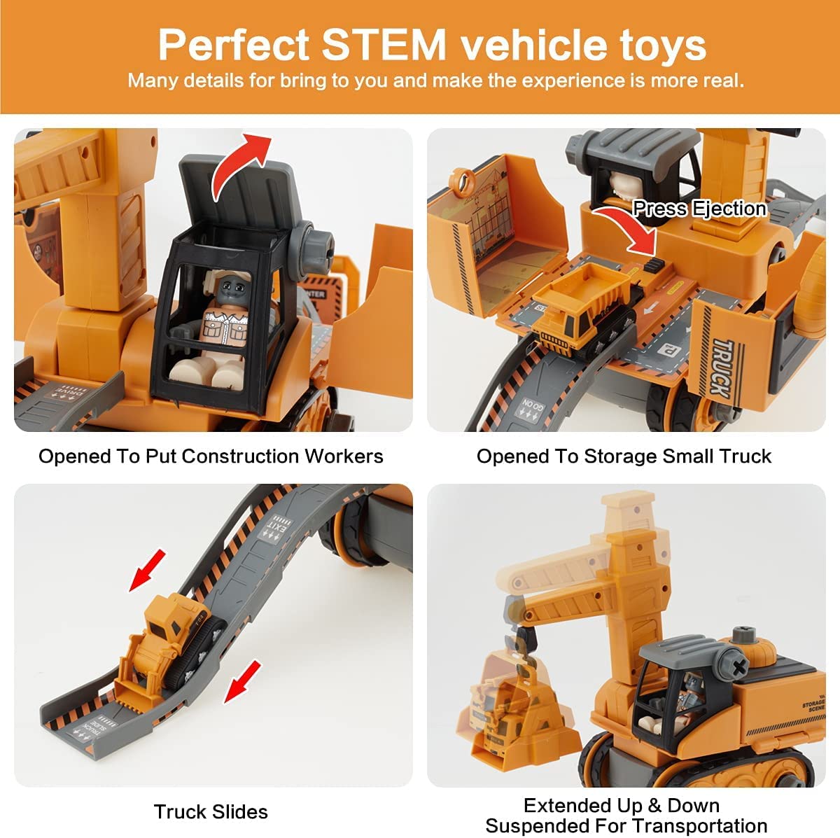 4 in 1 Kit Giocattolo Montaggio DIY, Set Veicoli da Costruzione STEM Escavatori Camion Gru Giocattoli , Interattivi Giocattolo Regalini Compleanno Natale con Trapano Elettrico per Bambini
