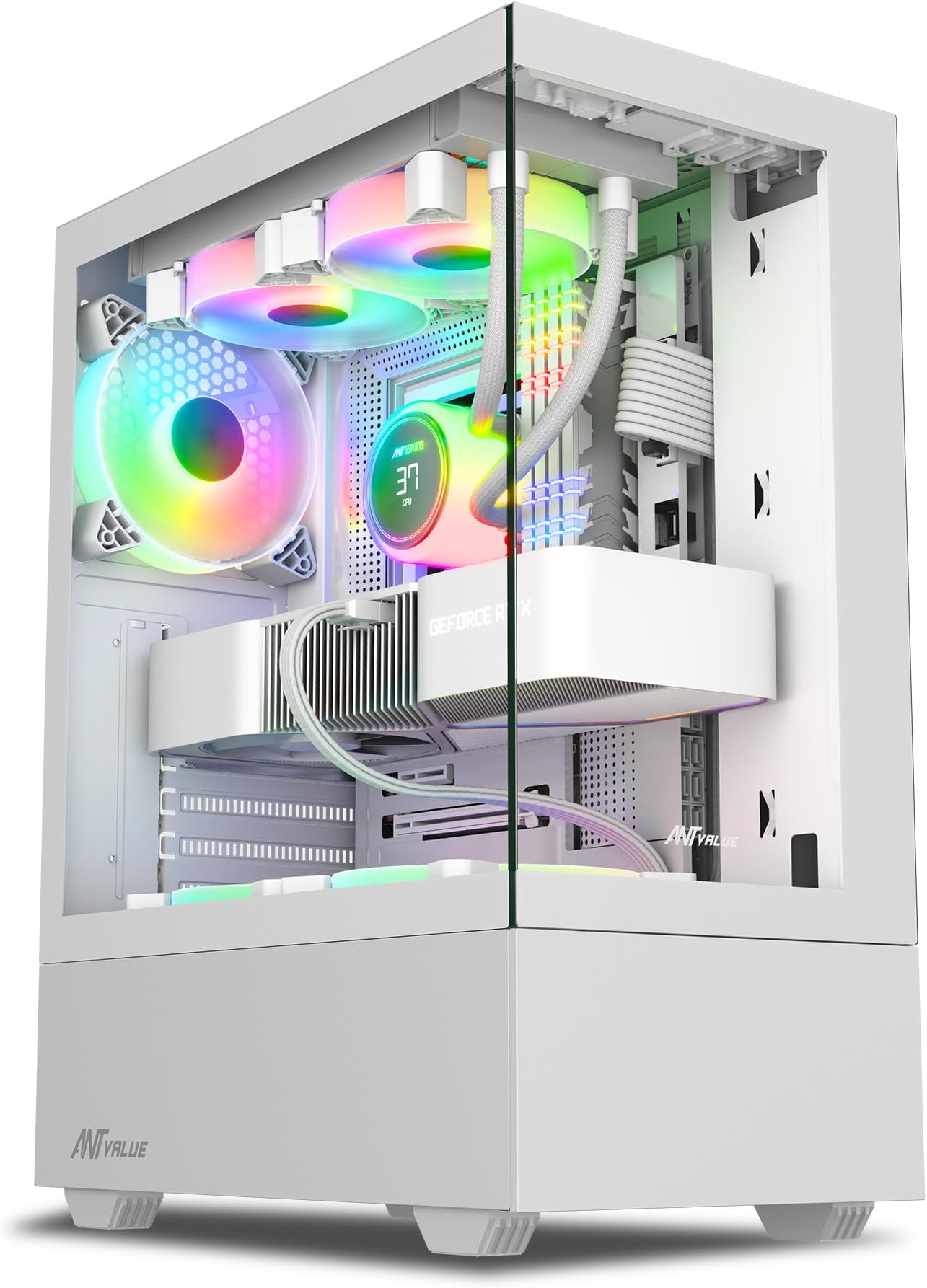 Ant Value Tempered_Glass CV100 Mid-Tower Computer Case/Gaming Cabinet Â– White | Support ATX, M-ATX, ITX | Pre-Installed 2 Top & 1 Rear Rainbow Fans