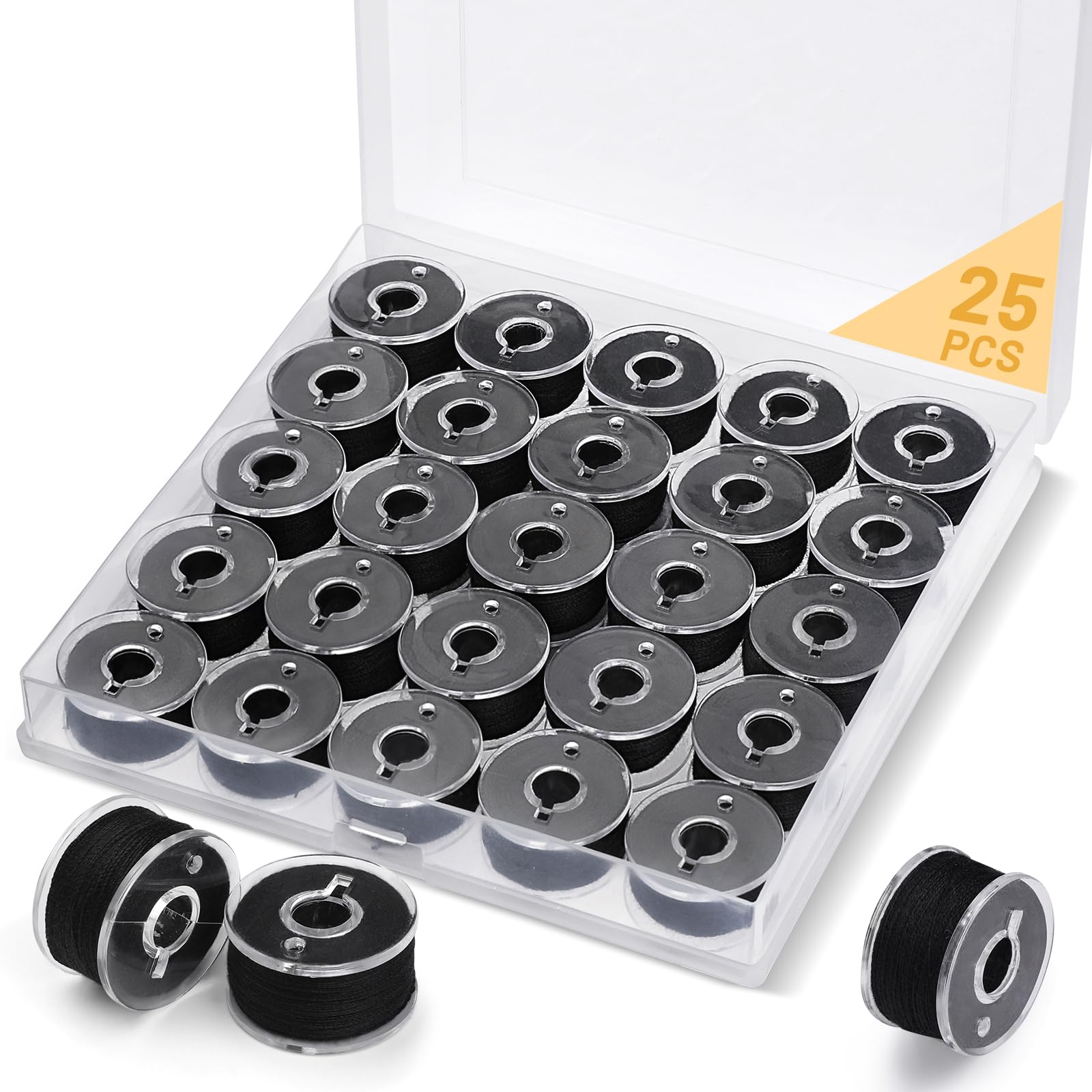 dipeer 25 Pcs Bobbins for Sewing Machine, Black Sewing Machine Thread with Bobbin Case, Pre-Wound Bobbins Sewing Machine Accessories for Handheld Sewing Machine, Embroidery Machine