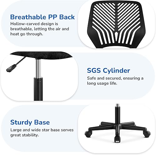 Miniatura 15 de Yaheetech Silla de escritorio para estudiantes, silla de estudio sin brazos con respaldo bajo, silla giratoria ajustable con soporte lumbar, para el