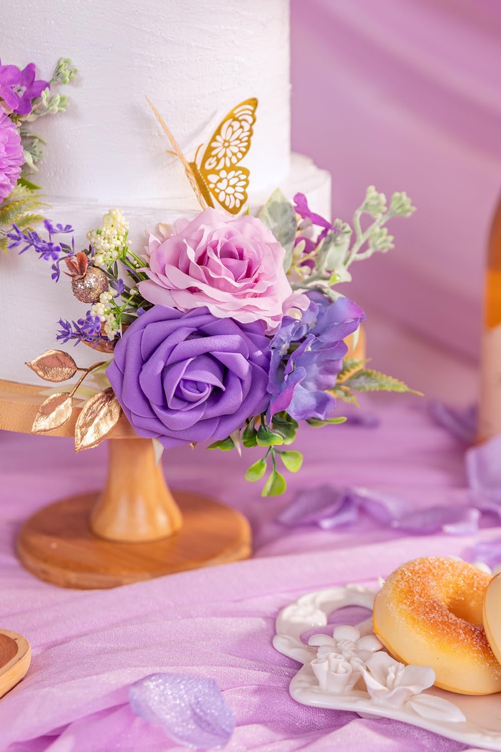 TINGE TIME 3Pcs Pre-made Cake Toppers, Silk Artificial Flowers Decor, Cake Decorations for Weddings, Birthdays, Party,Baby Shower,Celebration (Purple)