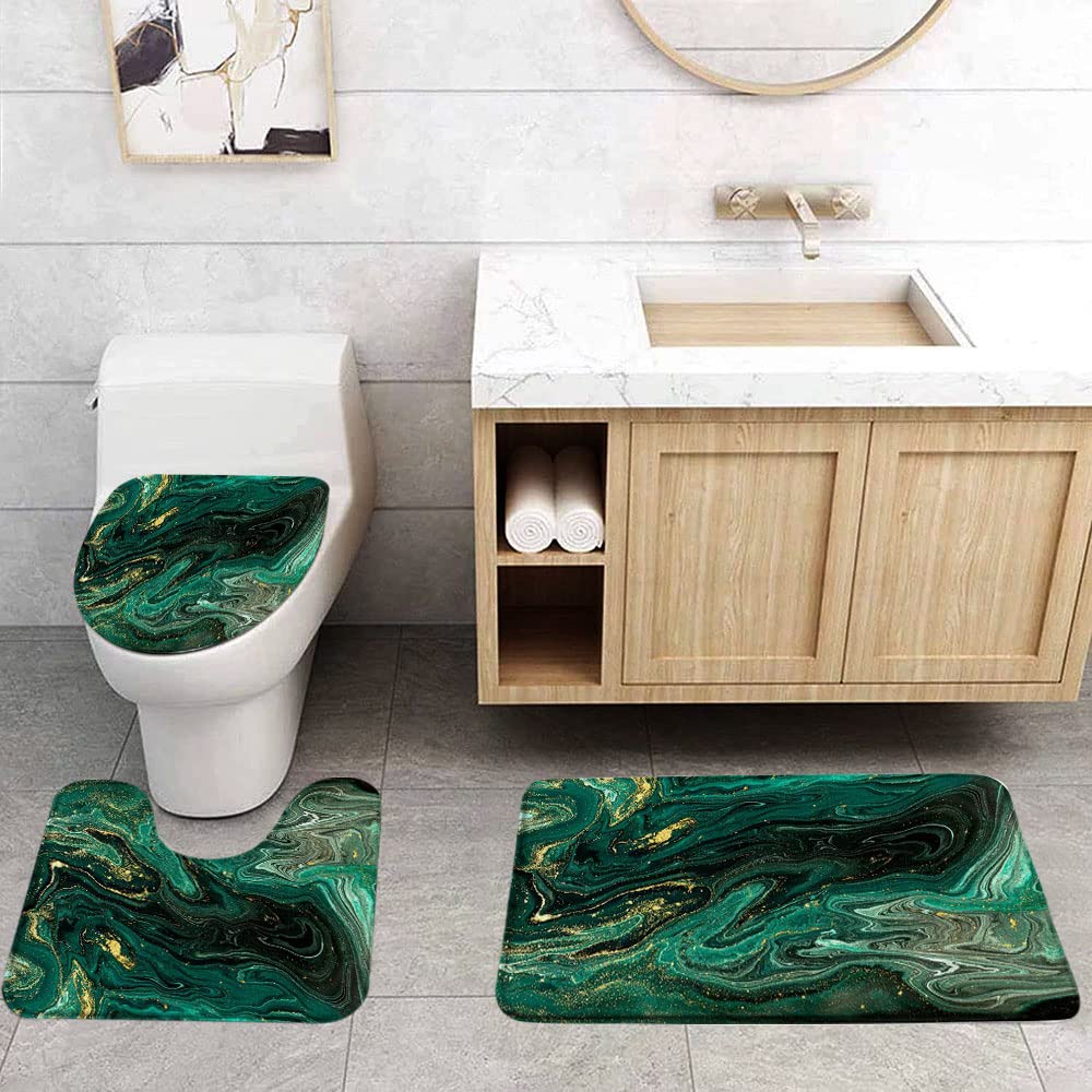 3Pcs Emerald Green Marble Bath Rugs Set,Modern Dark Green Marble Texture Gold Stripes Abstract Watercolor Cracked Bathroom Kitchen Rug with 16