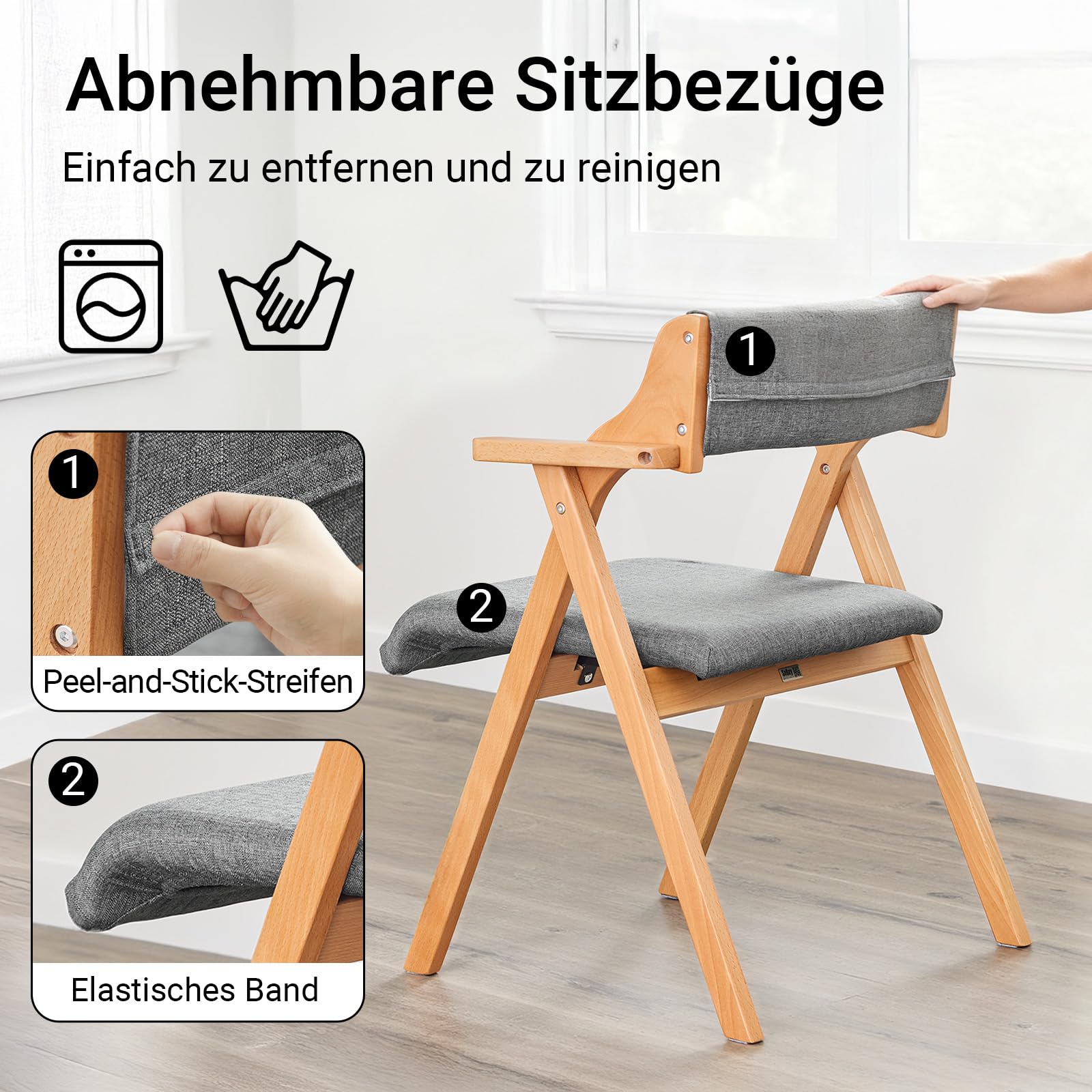 SoBuy Klappstuhl Holz mit Sitz- & Rückenpolster, montiert, 61,5x56x77,6cm | Ess- und Küchenstuhl klappbar, ergonomisch & platzsparend, 150 kg Tragkraft, für Gäste & Esszimmer & Büro & Balkon, FST98-HG