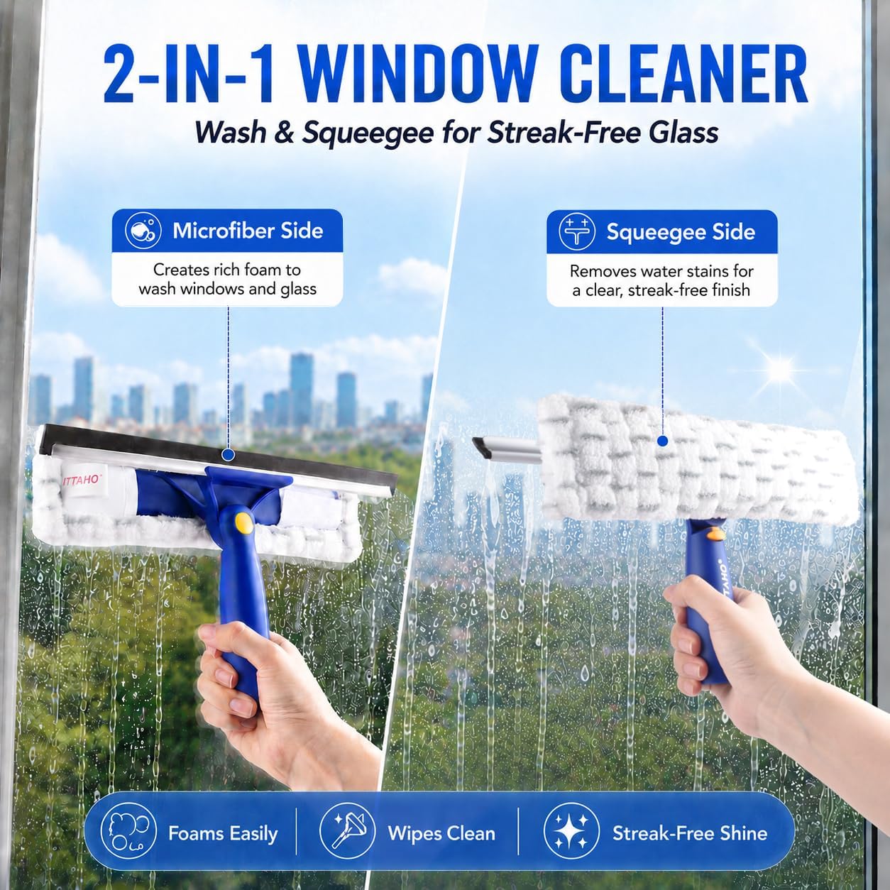 2-in-1 Window Squeegee and Microfiber Window Washer,Window Cleaning Tool for Car Windshield,Shower Glass Door,Bathroom Tile-Creative Swivel Style(Extension Pole Sold Separately)