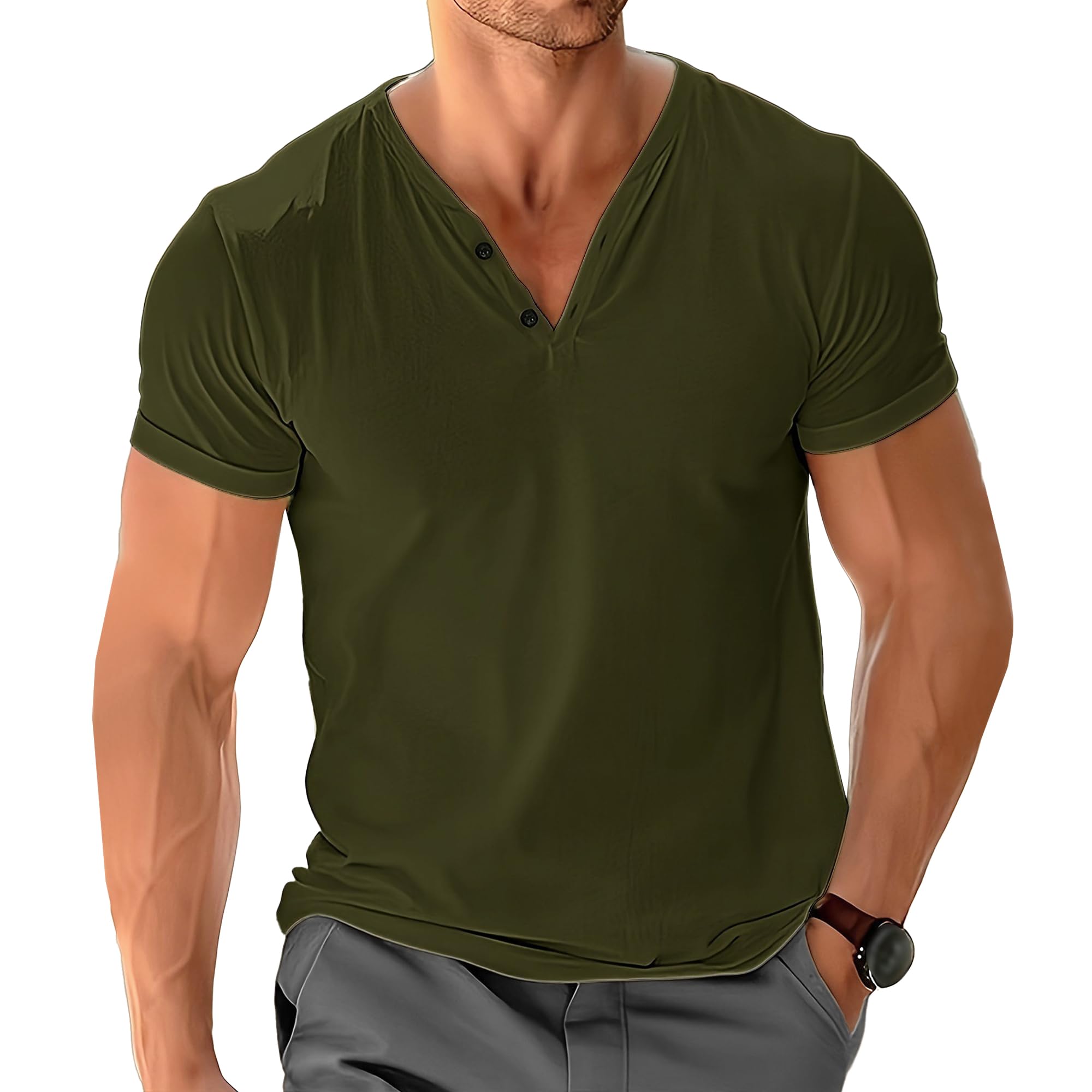 Men V-Neck Convenient Breathable Shirt Sweat-Wicking Casual Button Sports T-Shirt Summer Short Sleeve Pullover Tops (Navy Green,Large)