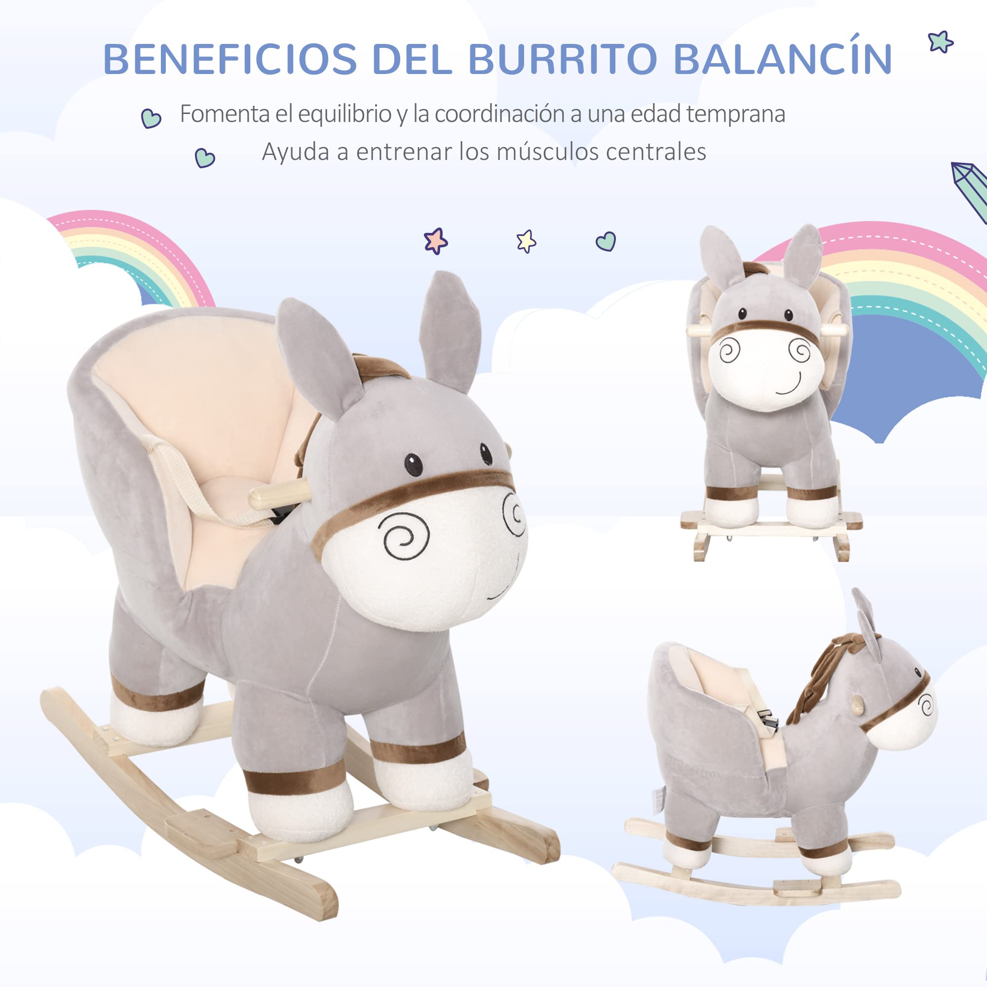 HOMCOM Caballito de Balancín en Forma de Asno Caballo Balancín para Bebé de +18 Meses con Manillar Cinturón de Seguridad y Reposapiés Felpa Suave 61x34x58 cm Gris