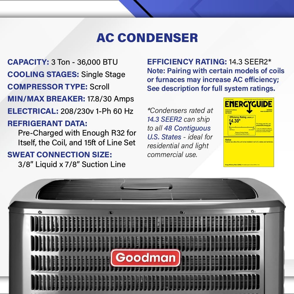 Goodman 3 Ton 15.2 SEER2 Central Split AC Unit | 80% 80000 BTU Propane Gas Furnace, Evaporator Cased Coil, & Single Stage Air Conditioner System - R32 Horizontal