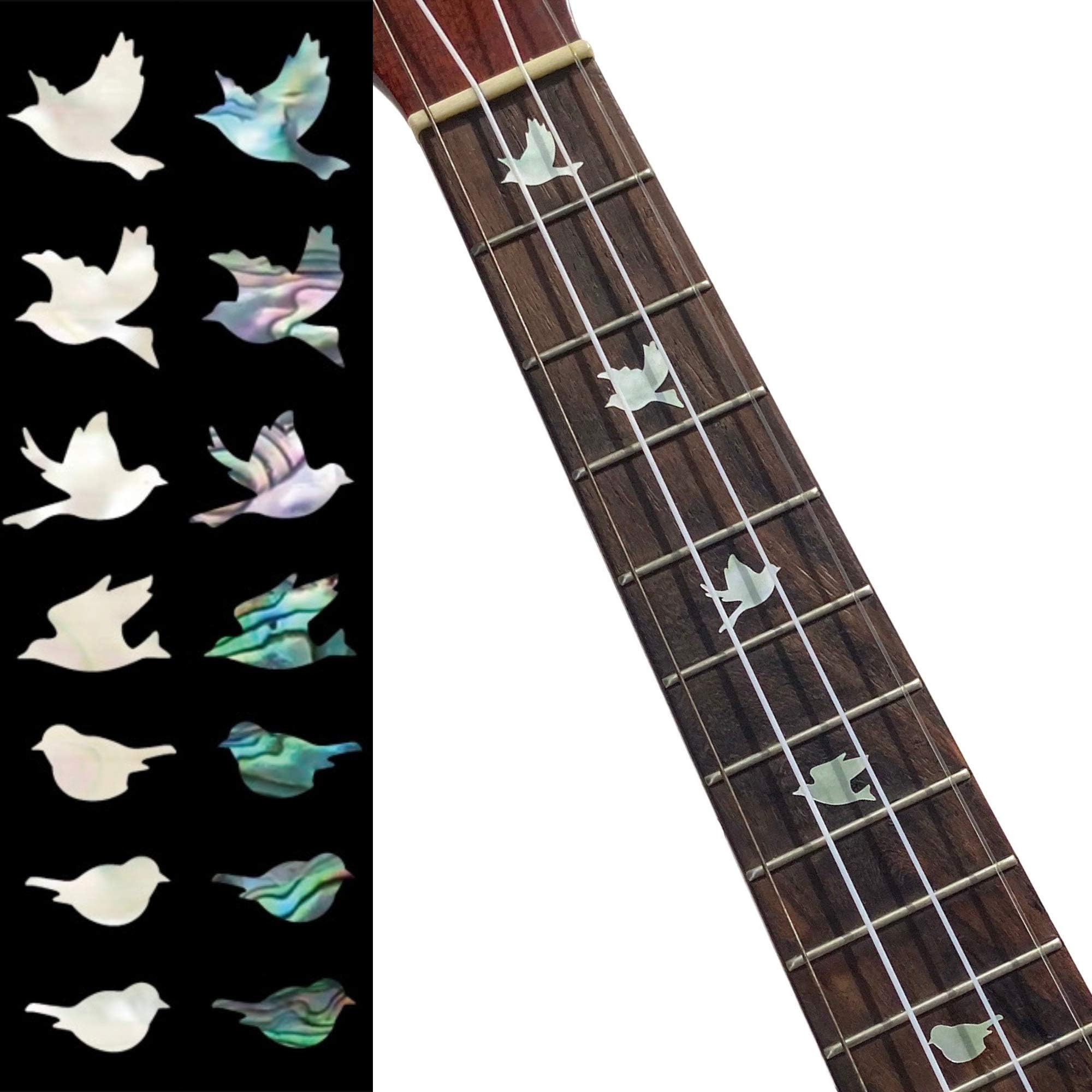 Inlaystickers Inlay Sticker Fret Markers for Ukuleles - Doves (2 Colours Set), White Pearl & Abalone Blue UKF-253DV-AZ