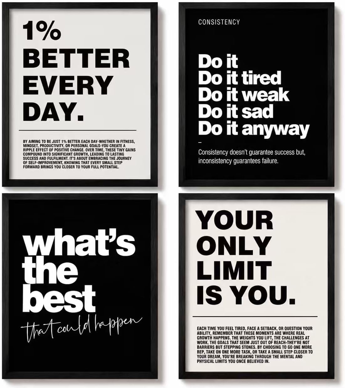 ZOFUIXIU 4Pcs Inspirational Office Wall Art,Motivational Canvas Wall Decor,Black and White Positive Quotes Posters Picture for Bedroom Living Room Classroom Gym Office (8X10 Inches, Unframed)
