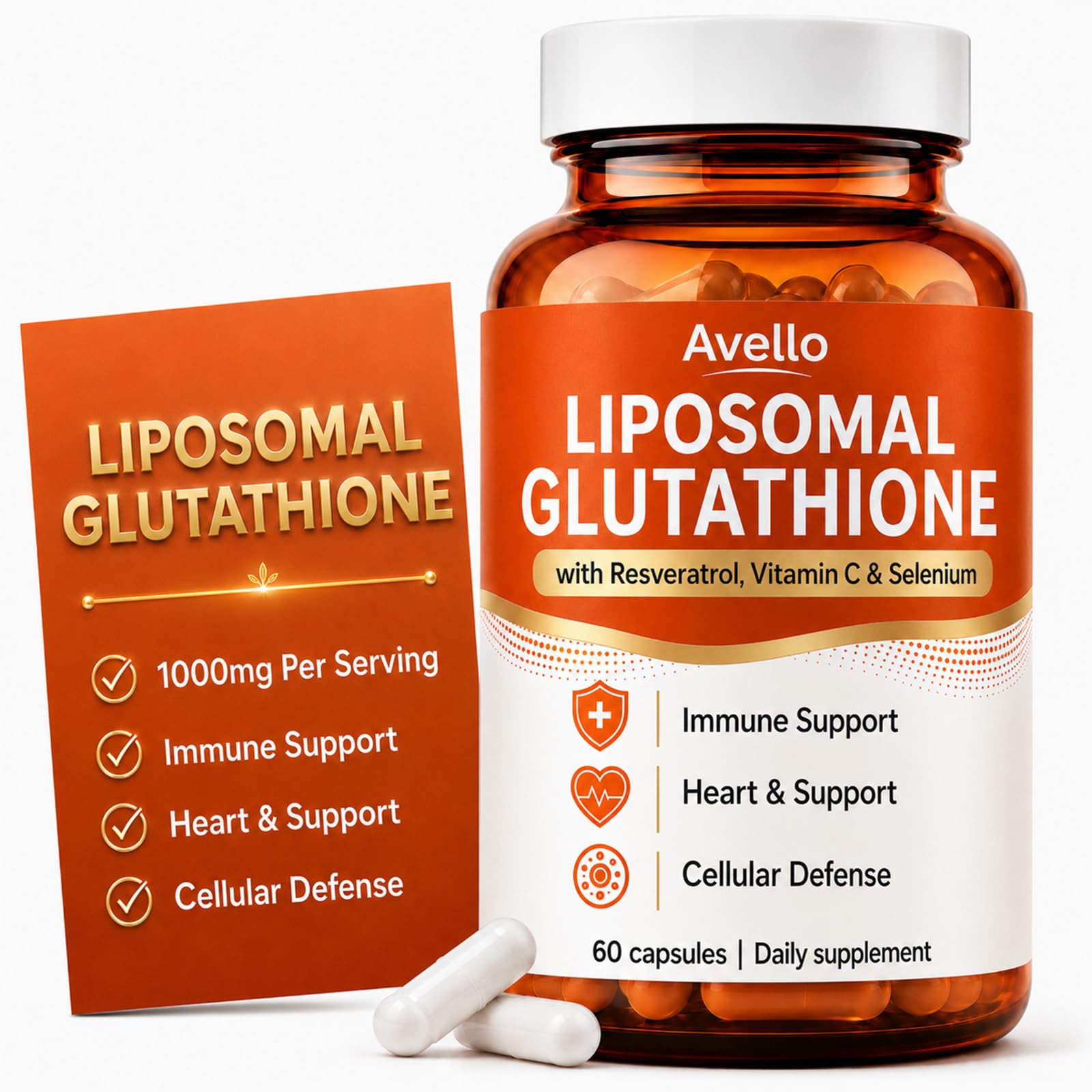 Avello Liposomal Glutathione, Glutathione Supplement with Resveratrol, Vitamin C & Selenium, 1000mg Per Serving, Immune & Detox Support, Heart Support, Non-GMO, Gluten-Free, 60 Capsules