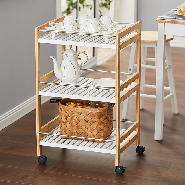 Kitchen Storage Trolleys on Wheels, 3 Tiers Kitchen Serving Trolley Rolling Cart, Wooden Catering Trolley, 47×40×75cm, Wood and White