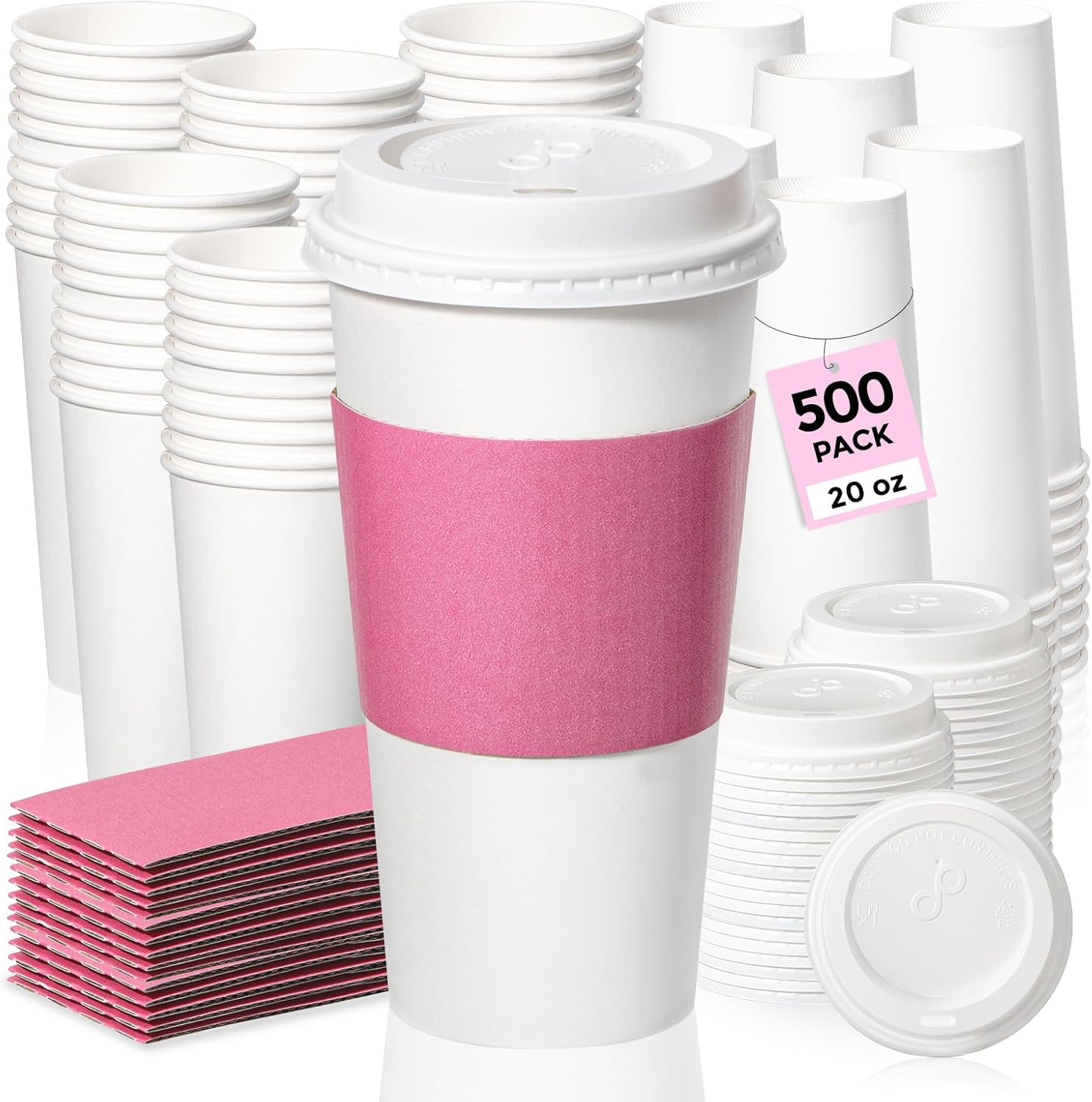 Fit Meal Prep 50 Pack 20 oz Disposable Coffee Cups With Lids and Pink Sleeves, Lead-Proof Sturdy To-Go Cups, Hot Paper Cups for Party, Wedding, Birthday (White Lids)