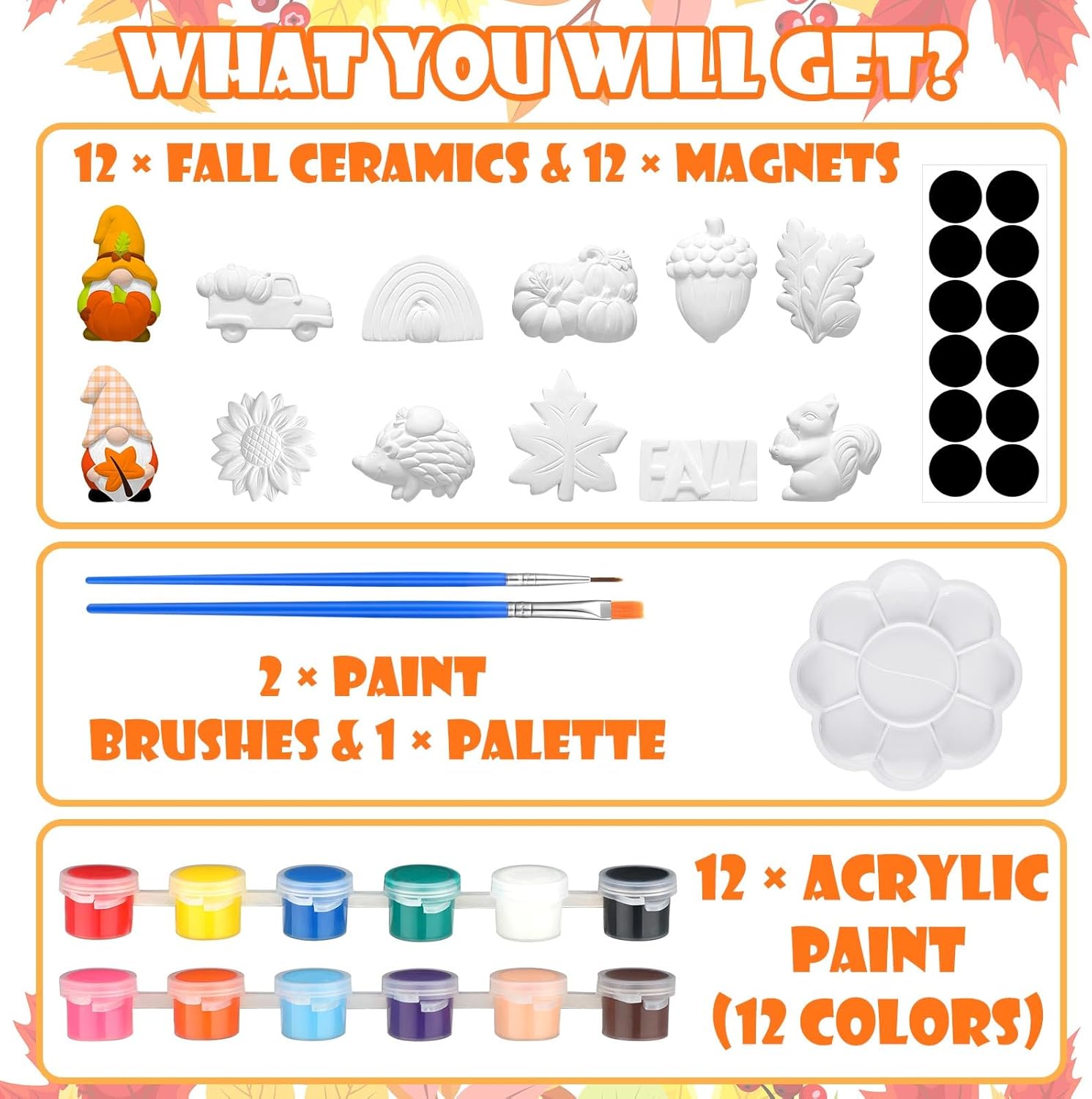 Watersay 12 Sets Fall Paint Your Own Figurines Thanksgiving Arts Crafts Painting Kit Pumpkin Unpainted DIY Ceramic Bisque Figurines Include Pumpkin, Maple Leaf, Squirrel, Hedgehog, Gnome, Sunflowers