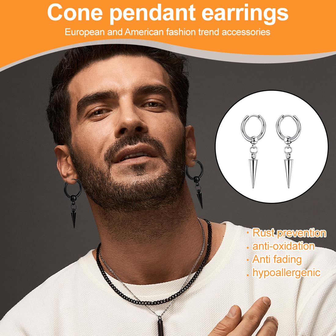 Set di 2 paia di orecchini da uomo in acciaio inox, orecchini a cerchio, piercing gotico, cartilagine, piercing per cartilagine, per uomini e donne (nero + argento)