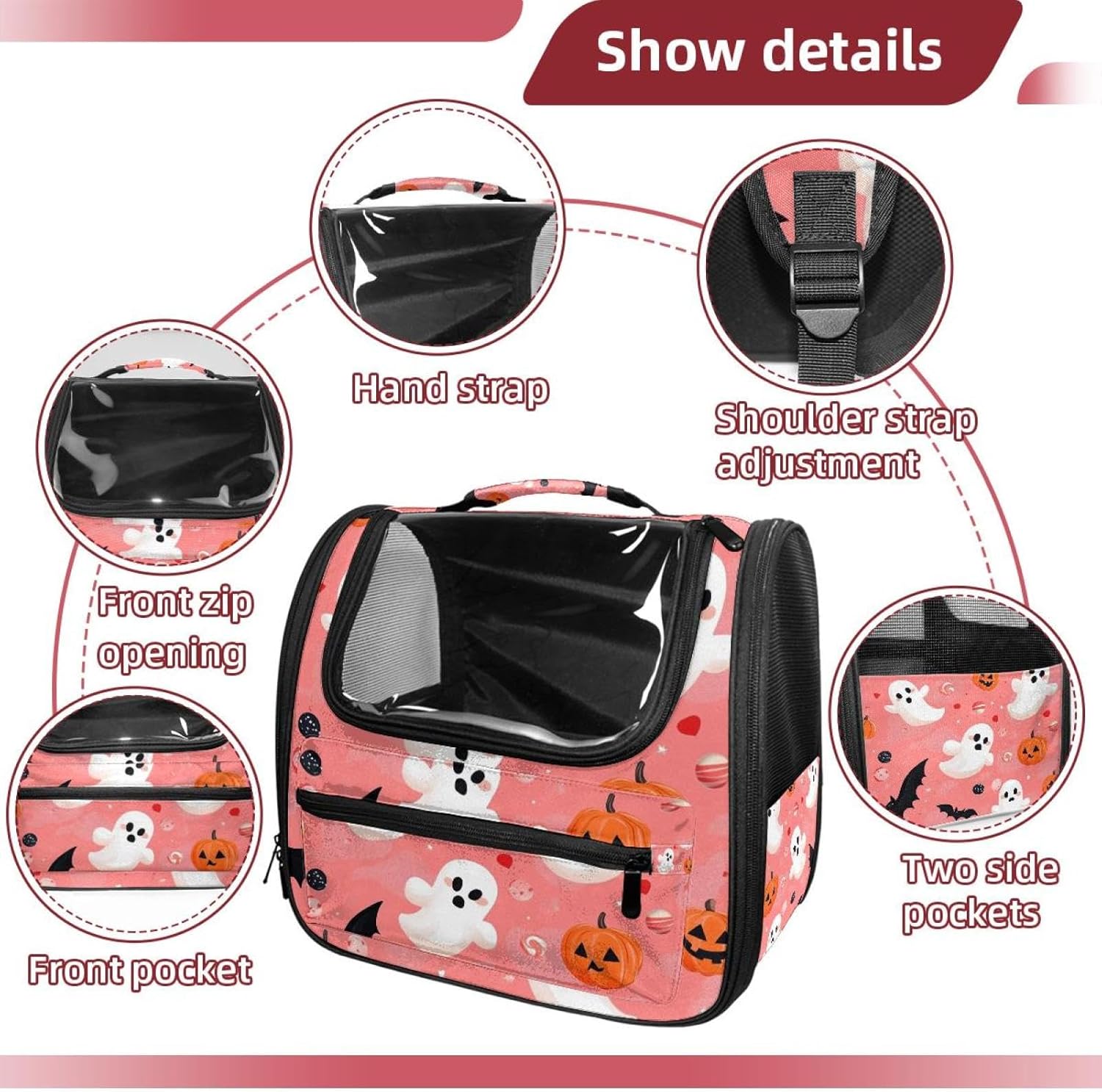 Portable Travel pet Backpack Carrier Hamster Bag Small Dog cat Carrier Breathable Hang Bag, Halloween Bats Candies Pumpkins