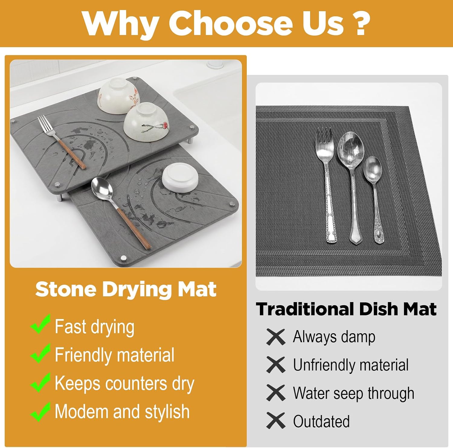 2 Pcs Stone Dish Drying Mat for Kitchen Counter Soapstone Drying Mat Set Diatomaceous Earth Dish Dryings Mats with Non Slip Feet Heat Resistant Fast Absorbing Dark Gray 15.7"(L)×11.8"(W)
