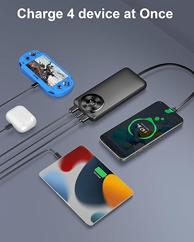 Miniatura 5 de Banco de energía de 10000 mAh, cargador portátil con cable integrado de carga de alta velocidad de 5 V3 A, 4 salidas y 2 entradas, pantalla LED