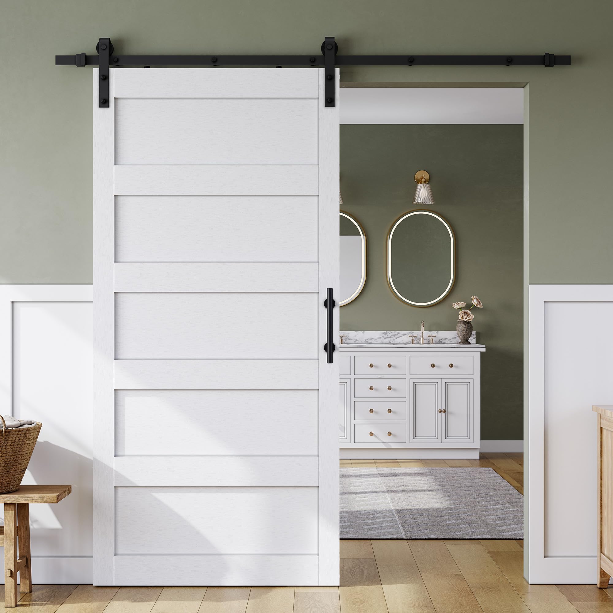 smartstandard 40in x 84in sliding barn door with 7ft barn door hardware track kit & handle, waterproof pvc surface, pre-drilled holes easy to assemble, solid, mdf, white, 5-panel
