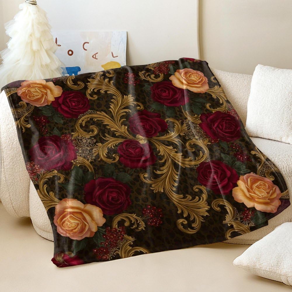 Couverture en flanelle imprimée rose cuivrée 150x200 plaid baroque salon