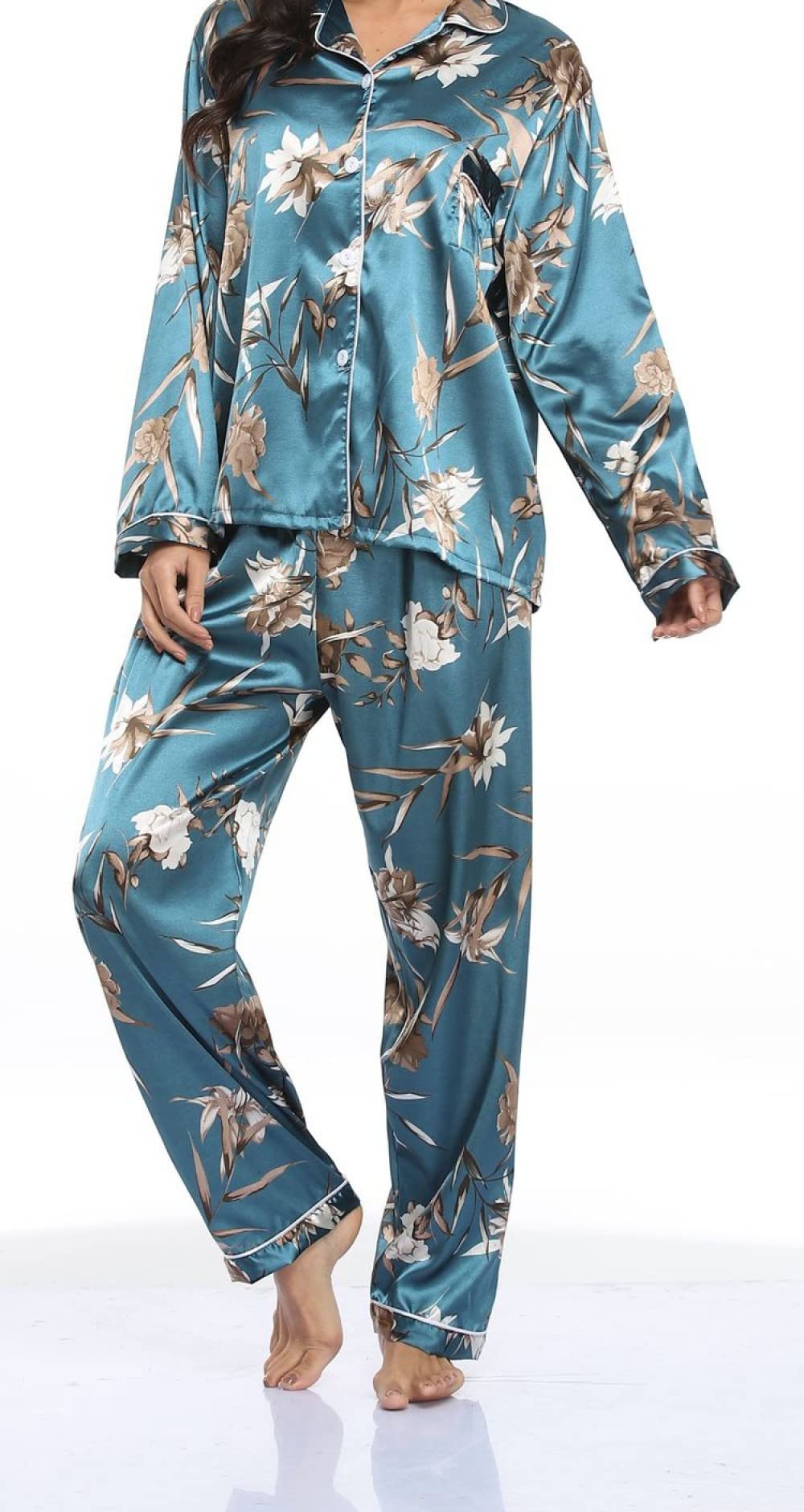 Pijamas para Mujer Conjunto De Pijama De Poliéster para Mujer con Estampado Floral Blanco De Solapa Azul Conjunto De Pijama De Manga Larga Cómodo para Mujer Regalo De Festival De Dos Piezas Adecua