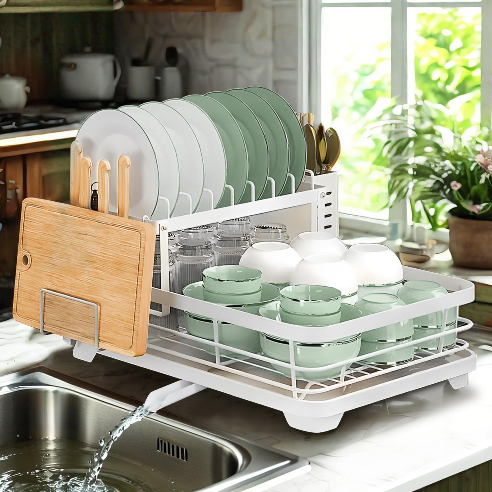 YEHUARIS Stainless Steel Dish Drainer Rack with 360° Water Guide - Space-Saving Kitchen Drying Rack for Dishes, Utensils & Cups, Rust-Proof & Durable (Fits Countertop/Sink) (30cm-white)