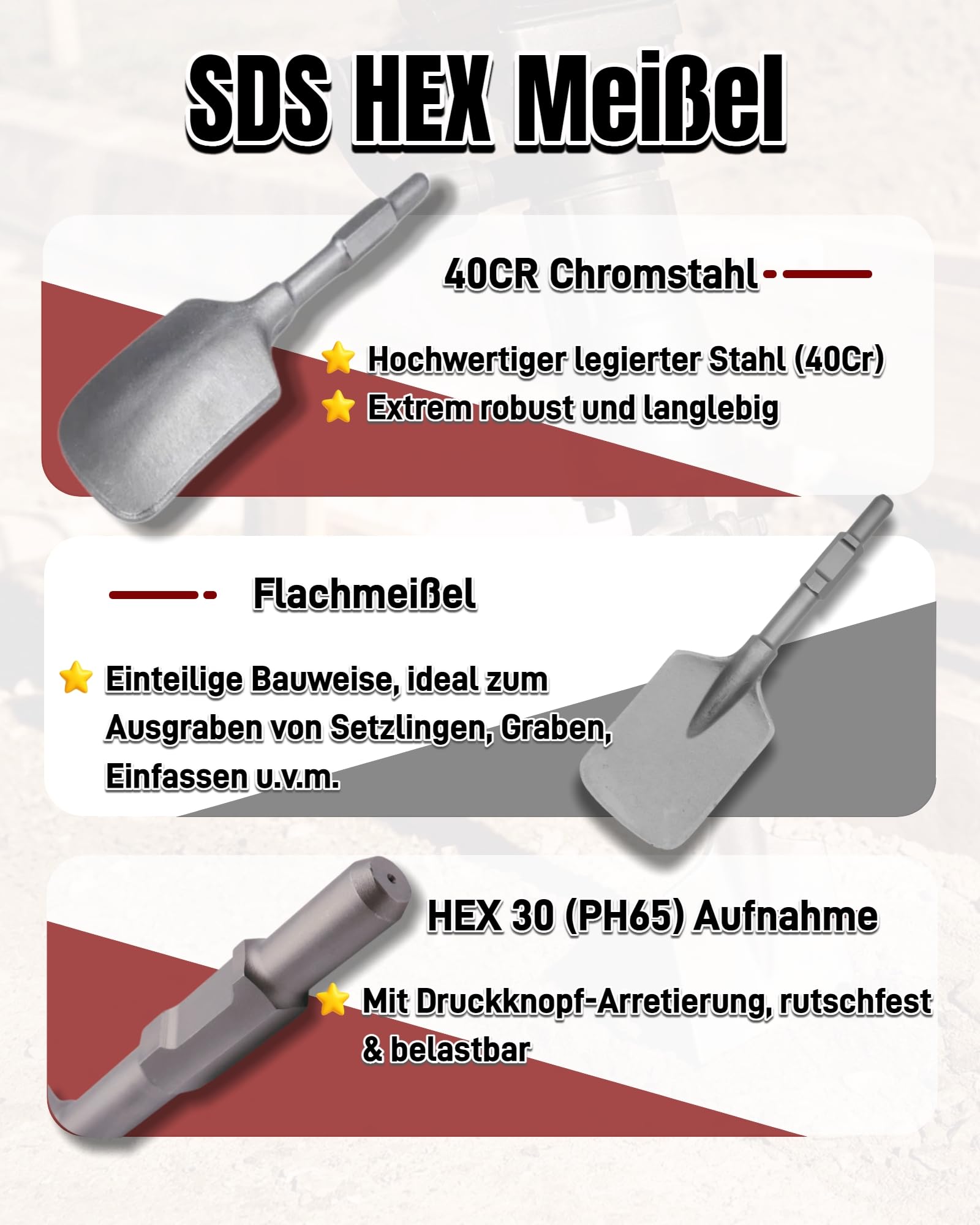 SDS HEX Schaufelmeißel 135 x 440 mm Meißel Sechskant-Aufnahme 30mm SDS HEX Breitmeißel mit Kunststoffkoffer Asphaltmeißel für Abbruchhammern Lehm Spaten von Hartem Schmutz Ton Losem Beton