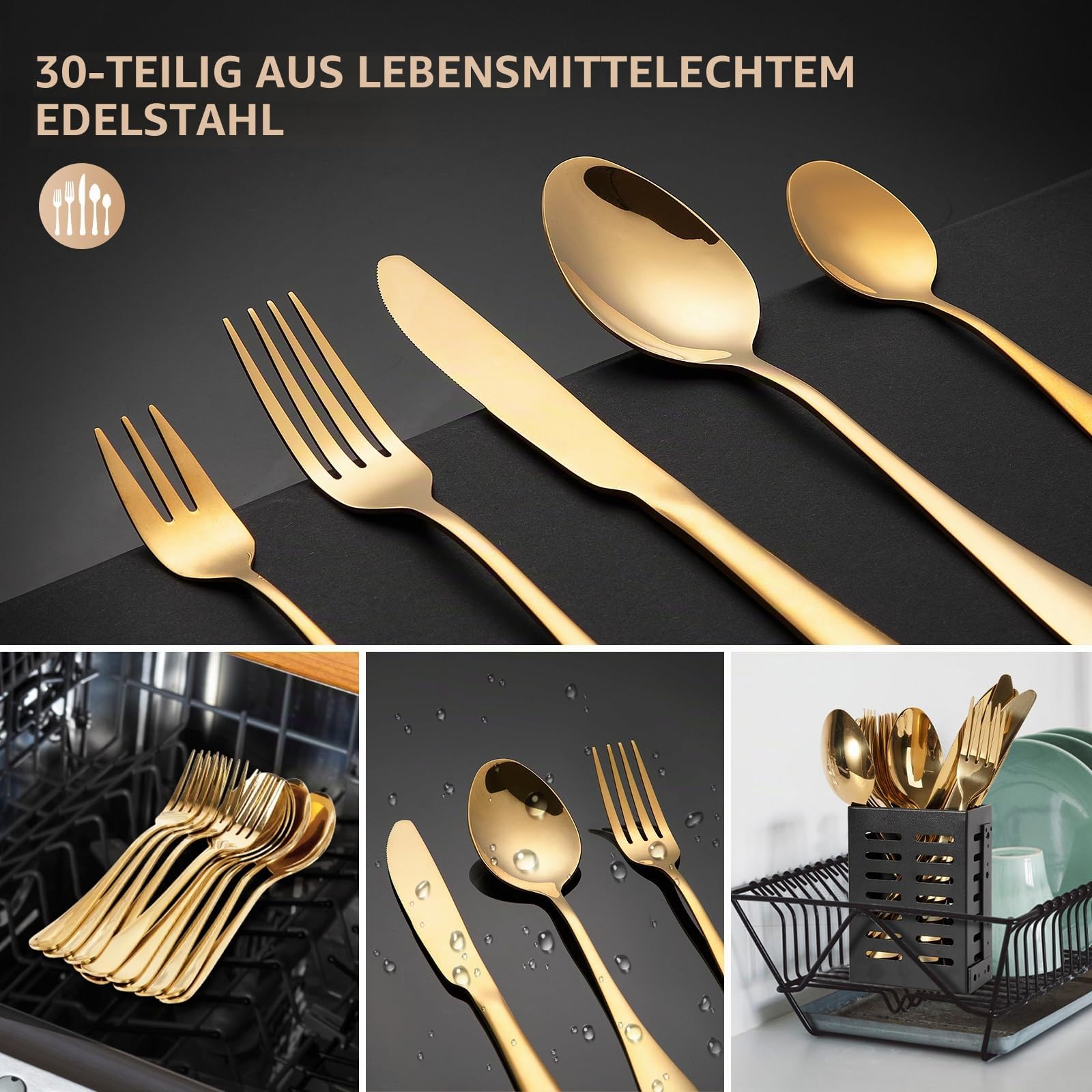 Cinnani Gold Besteck Set 6 Personen, 30 Teilig Edelstahl Besteckset, Essbesteck Set mit Messer Gabel Löffel, Goldenes Besteck für Haus Party Restaurant, Spülmaschinenfest Küche, Haushalt & Wohnen