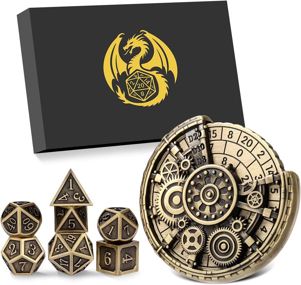 7-in-1 Gear Fingertip Gyro + 7pcs Polyhedral Metal DND Dice Set, Metal Dice Set, DND Starter Set, D&D Gifts with Dragon Logo Gift Box, Tabletop Games, Role Playing Board Game Accessories, Bronze