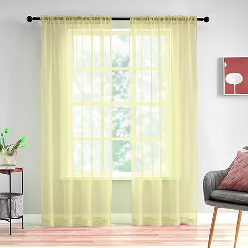 Cortinas de gasa traslúcidas color amarillo claro de 84 pulgadas de largo para dormitorio, sala de estar, decoración de Halloween, juego de 2