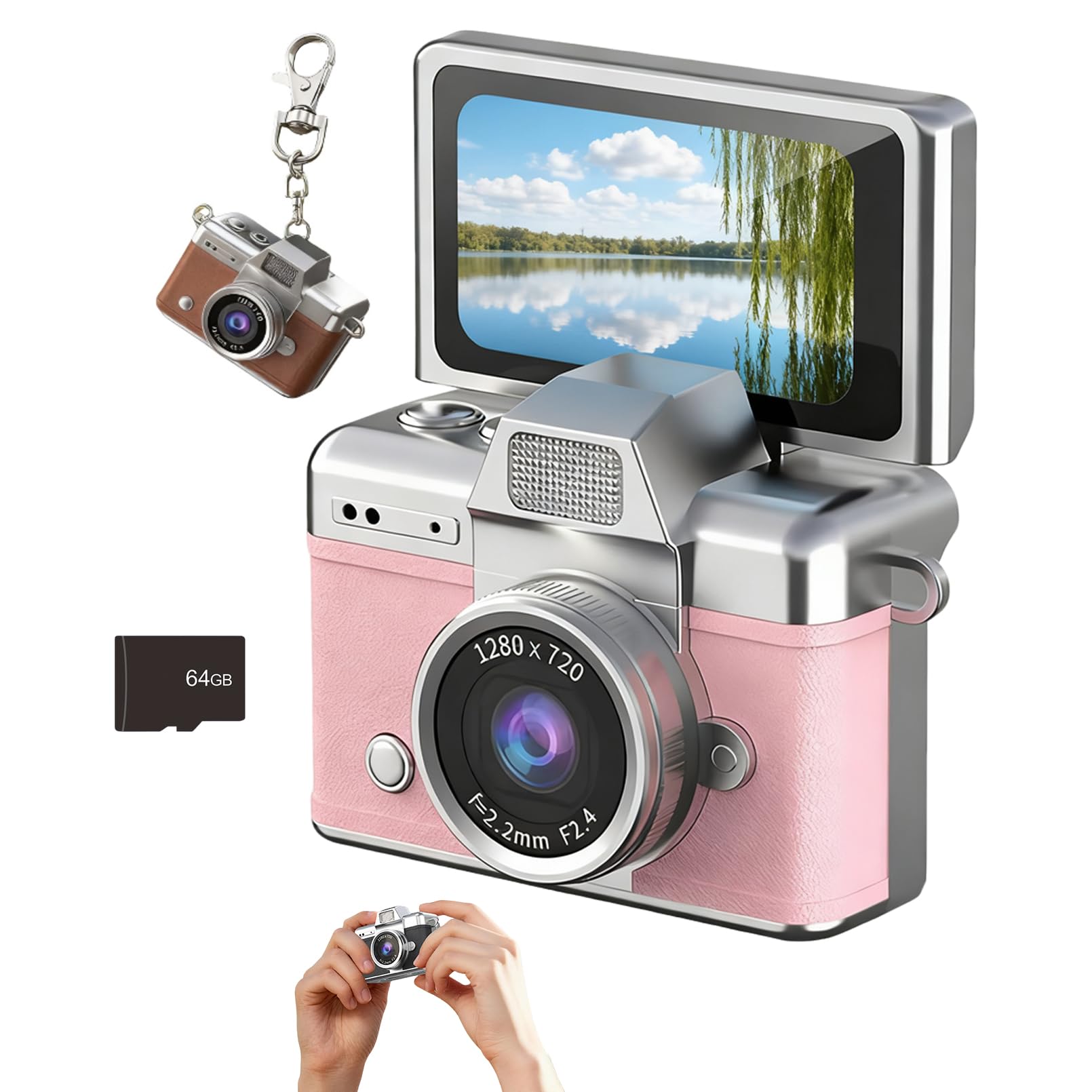 Mini Digital Camera Keychain with 1.47 in LCD Screen 1080P, 2026 New Mini Retro Camera, Retro Ccd Digital Camera with Lanyard, Built-in Flash, Include 64gb Tf Card for Travel Party (Pink)-image-30