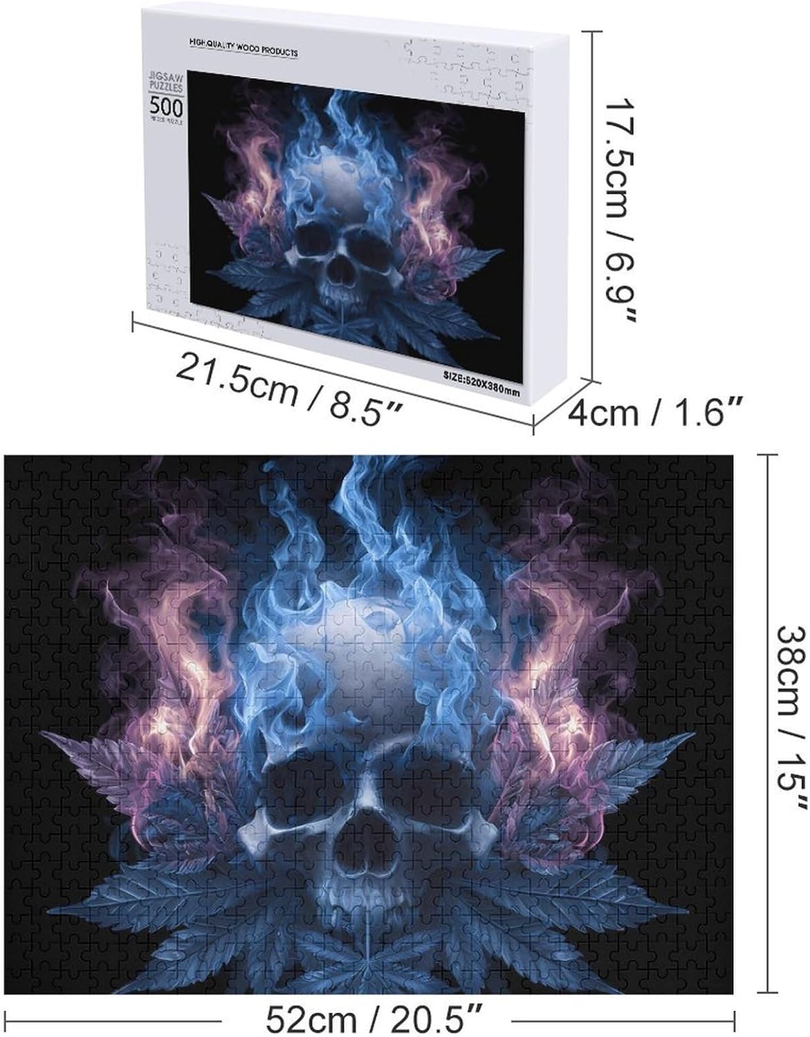 Blue Flame Skull Weed Leaf Puzzles for Adults 500 PCS Wooden Jigsaw Puzzle Wall Decor Christmas