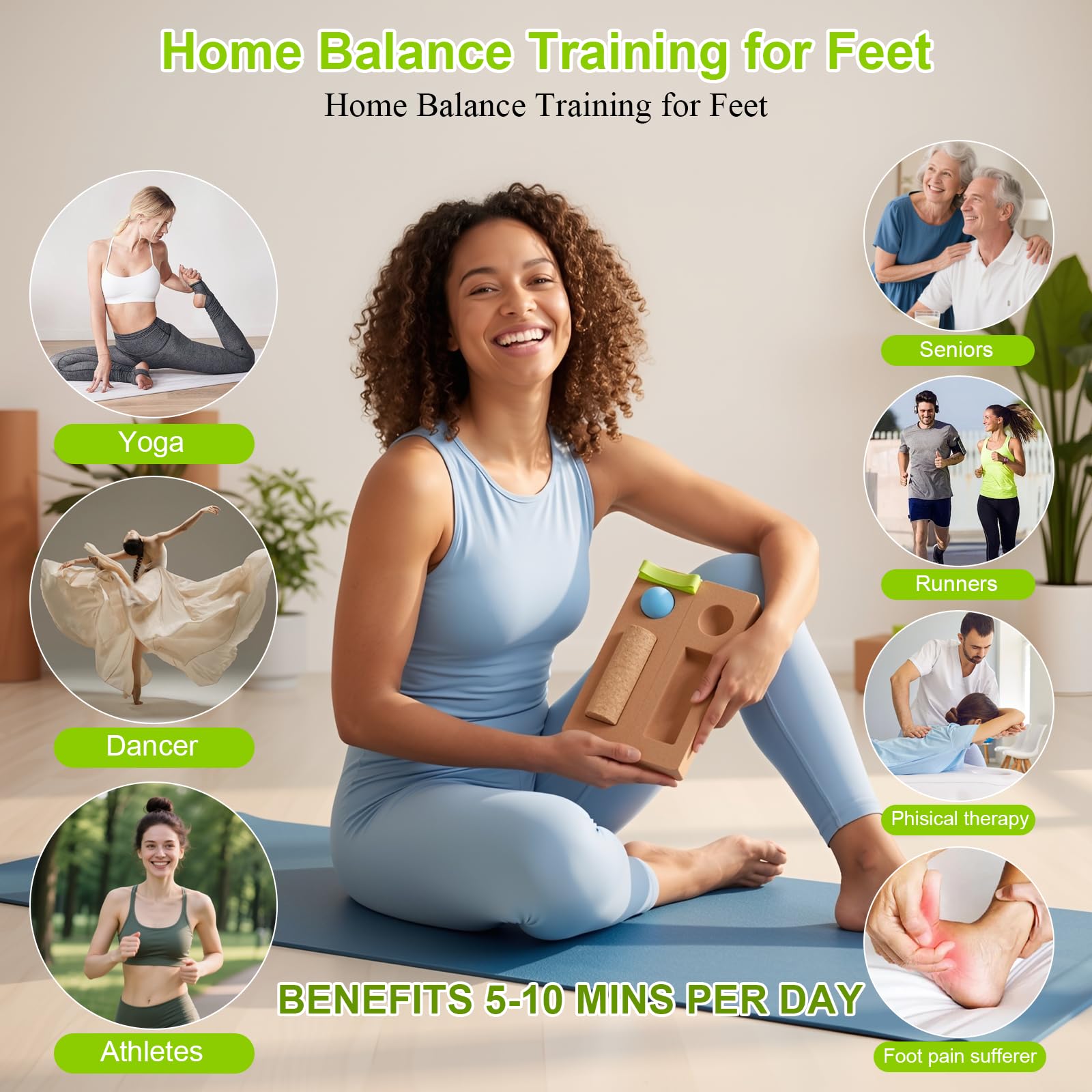 4 in 1 Kork Balance Board Set - Fußstärker & Knöchelstabilitätstrainer mit Roller, Massageball & Zehenbänder - Sturzprävention Kompaktes Wackelbrett für Heimphysio, Büro & Senioren