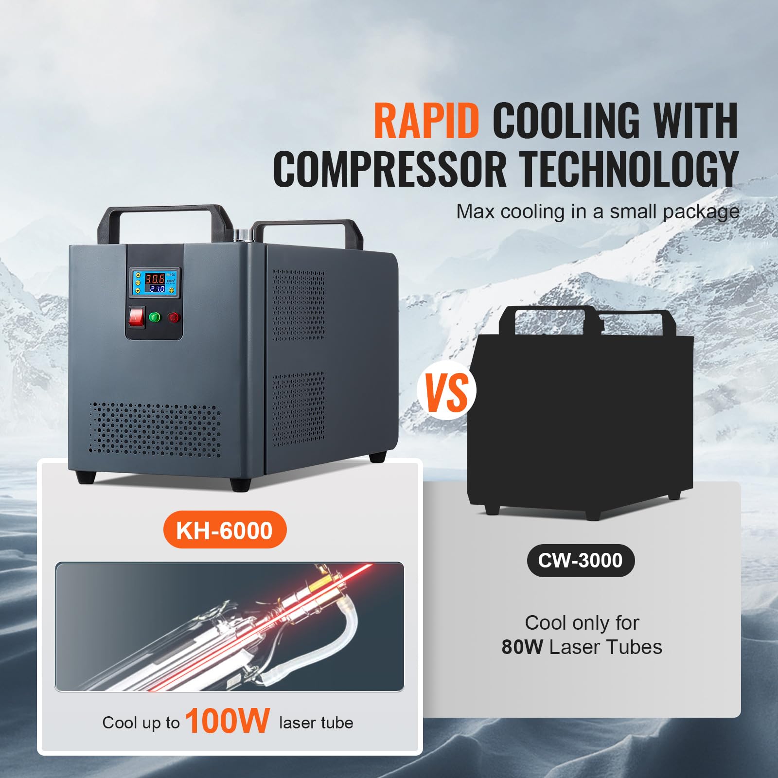 Happybuy Industrial Water Chiller KH-6000, 200W Cooling System, 12L Tank, 7.8L/min Flow Rate, for CO2 Laser Engraving, Compressor